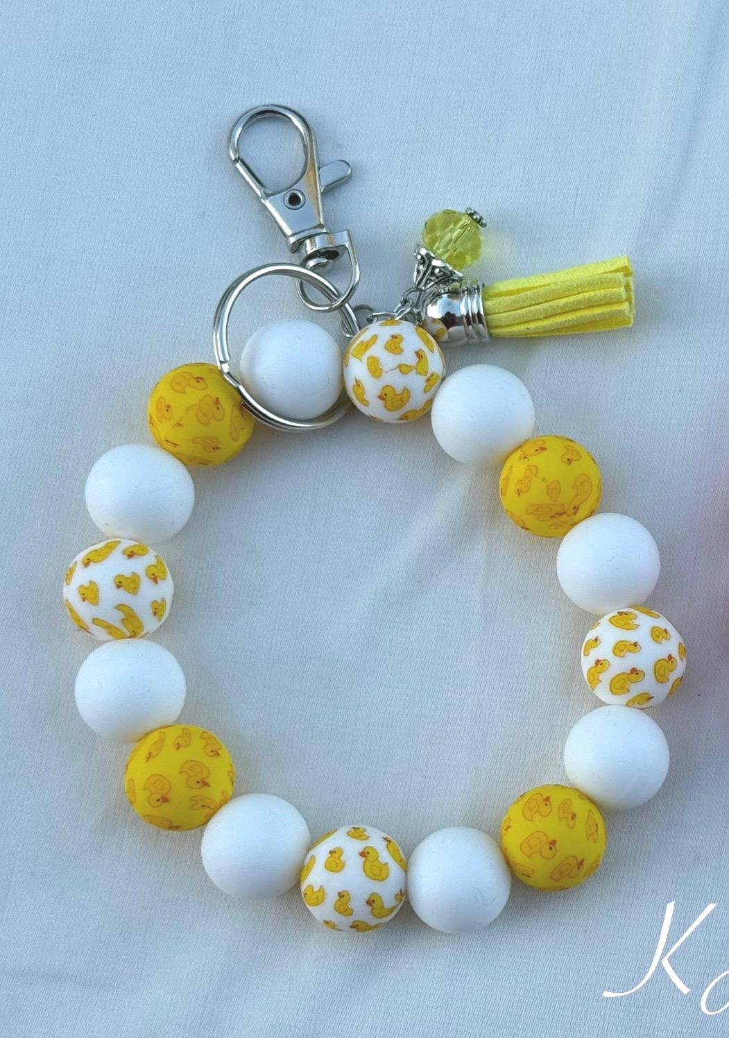 Rubber Duck Silicone Beaded Wristlet Bracelet Keychain with Leather Tassel