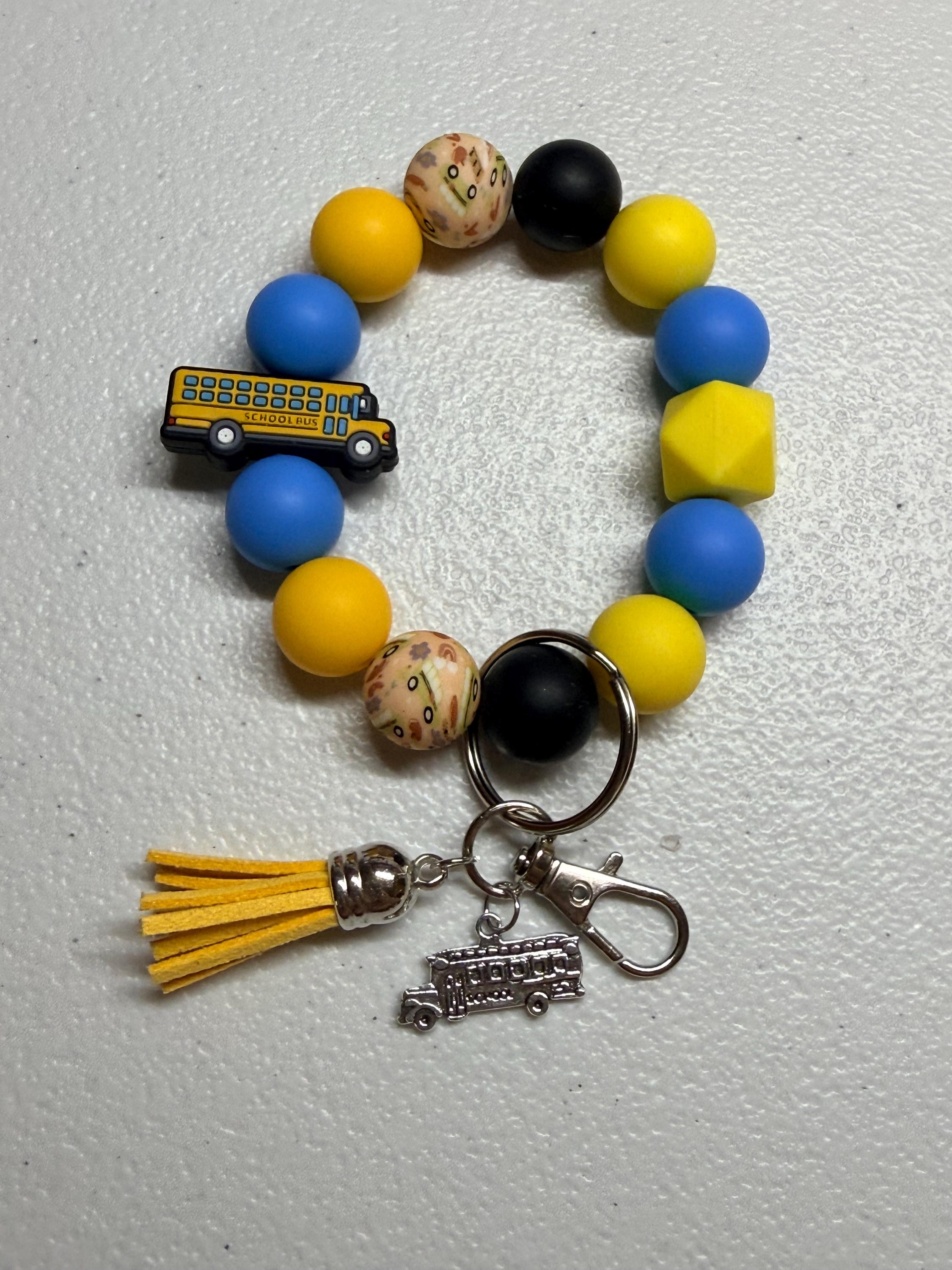 School Bus Driver Gift Silicone Beaded Wristlet Keychain | School Bus Charm & Faux Leather Tassel | 3 Designs