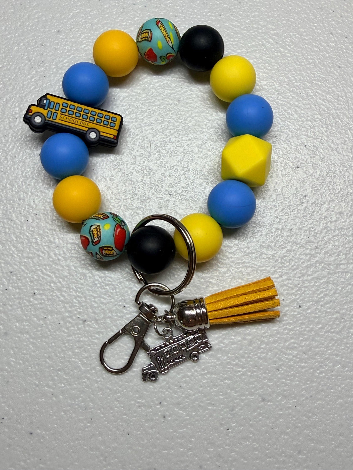 School Bus Driver Gift Silicone Beaded Wristlet Keychain | School Bus Charm & Faux Leather Tassel | 3 Designs