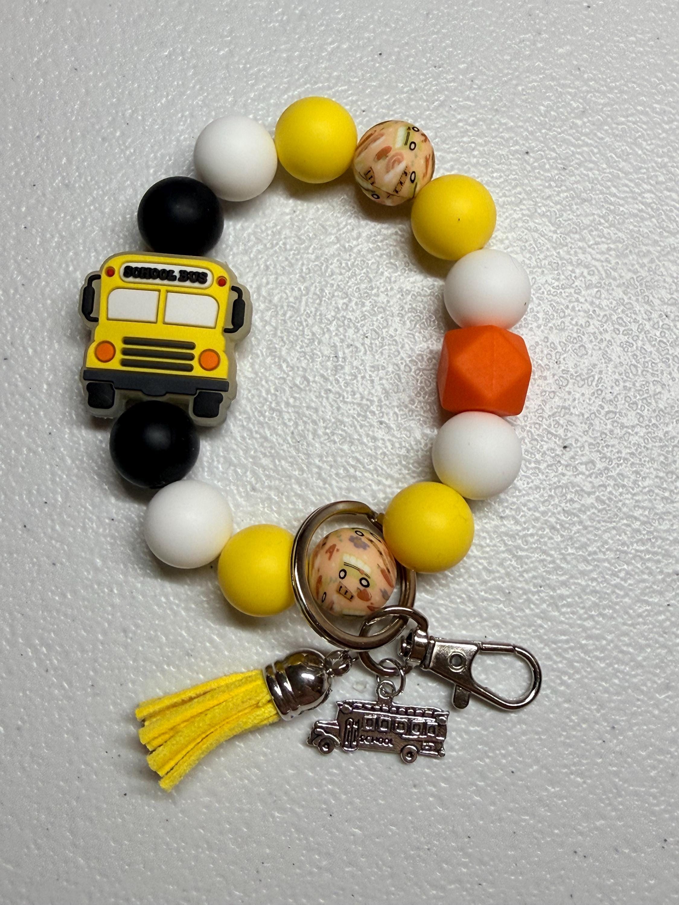 School Bus Driver Gift Silicone Beaded Wristlet Keychain | School Bus Charm & Faux Leather Tassel | 3 Designs