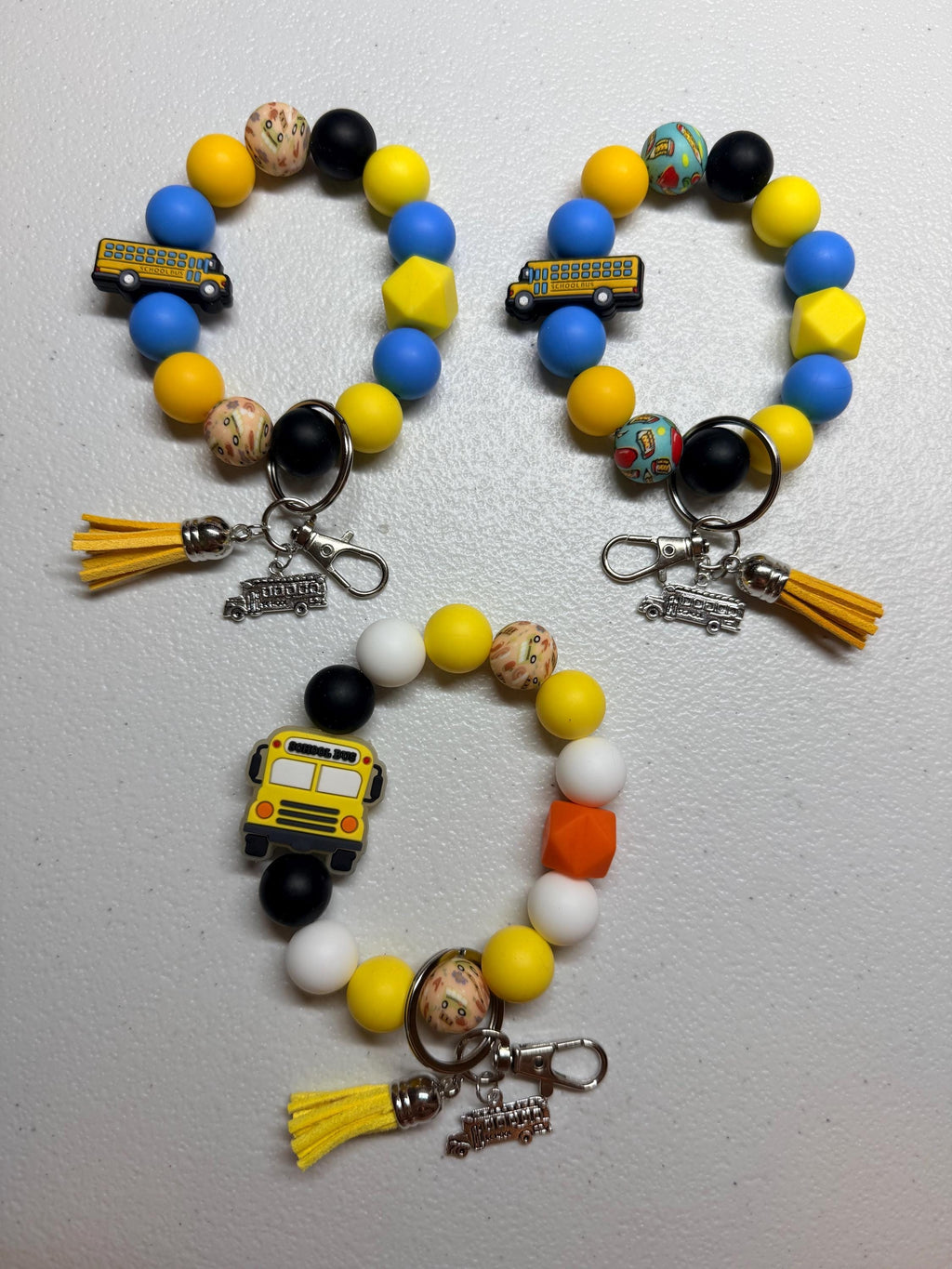 School Bus Driver Gift Silicone Beaded Wristlet Keychain | School Bus Charm & Faux Leather Tassel | 3 Designs