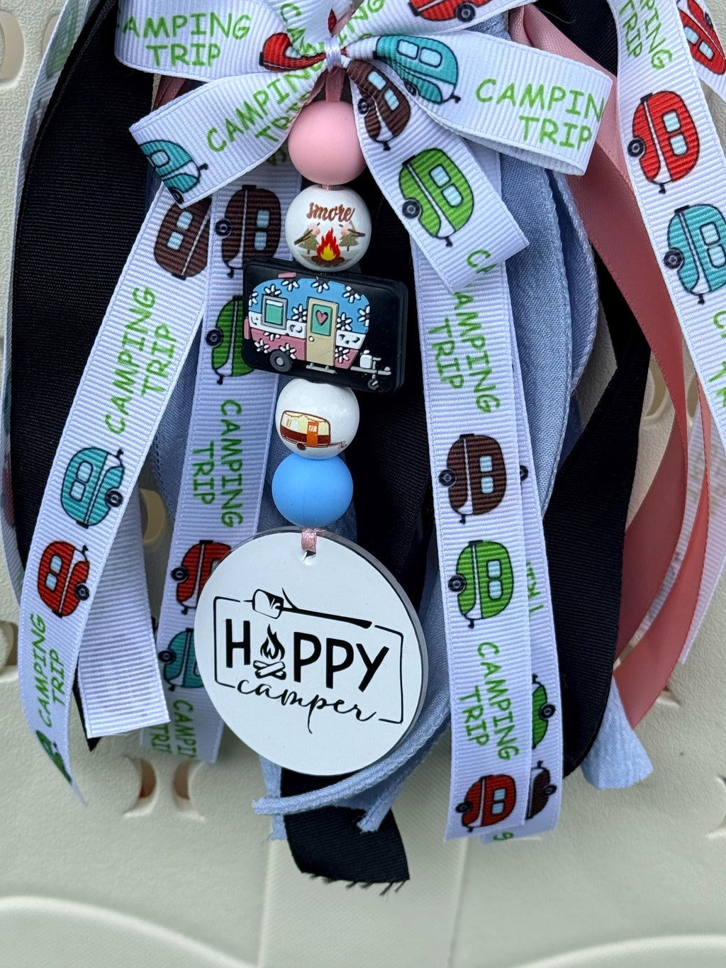 Happy Camper Silicone Beaded Bag Tassel – Camping & RV Bag Charm with Ribbon