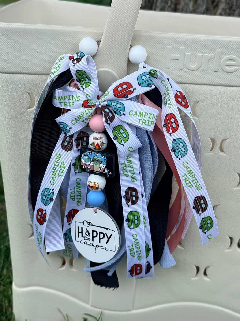 Happy Camper Silicone Beaded Bag Tassel – Camping & RV Bag Charm with Ribbon