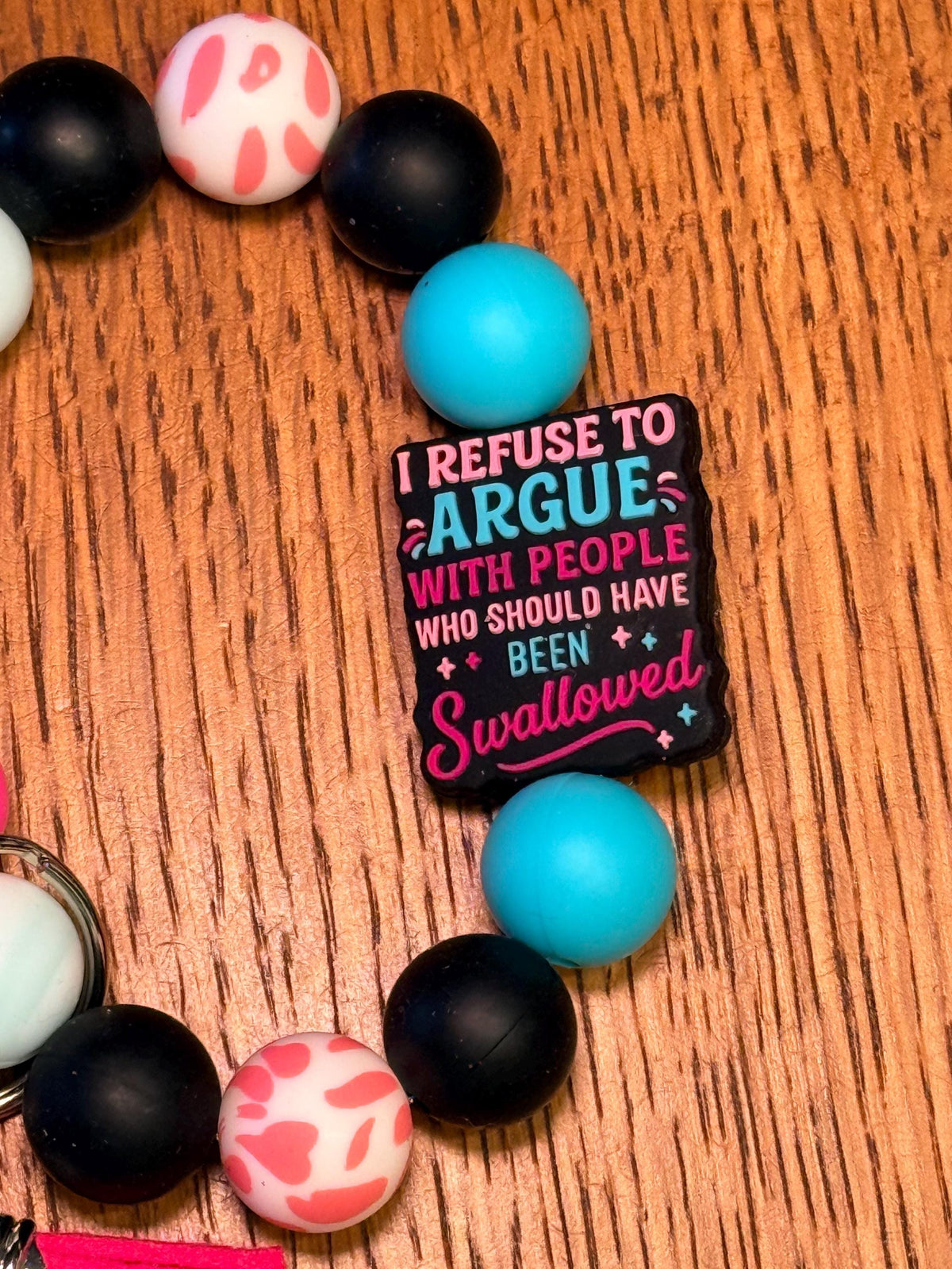 Funny Snarky Silicone Beaded Keychain Wristlet with Leather Tassel - "Refuse To Argue With Someone Who Should Have Been Swallowed"