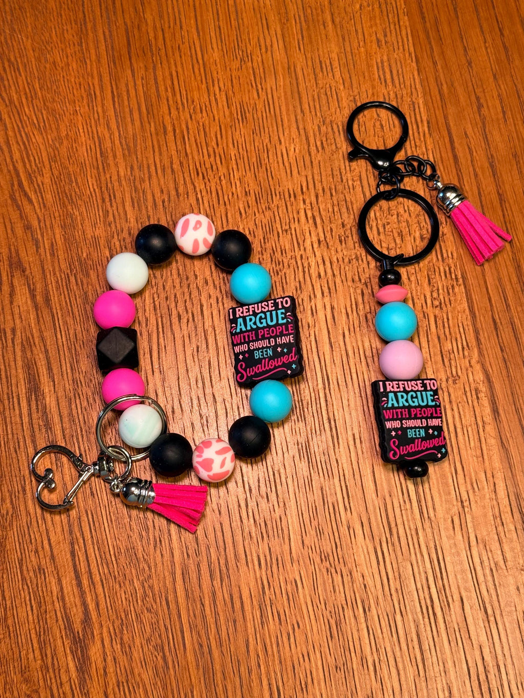 Funny Snarky Silicone Beaded Keychain Wristlet with Leather Tassel - "Refuse To Argue With Someone Who Should Have Been Swallowed"