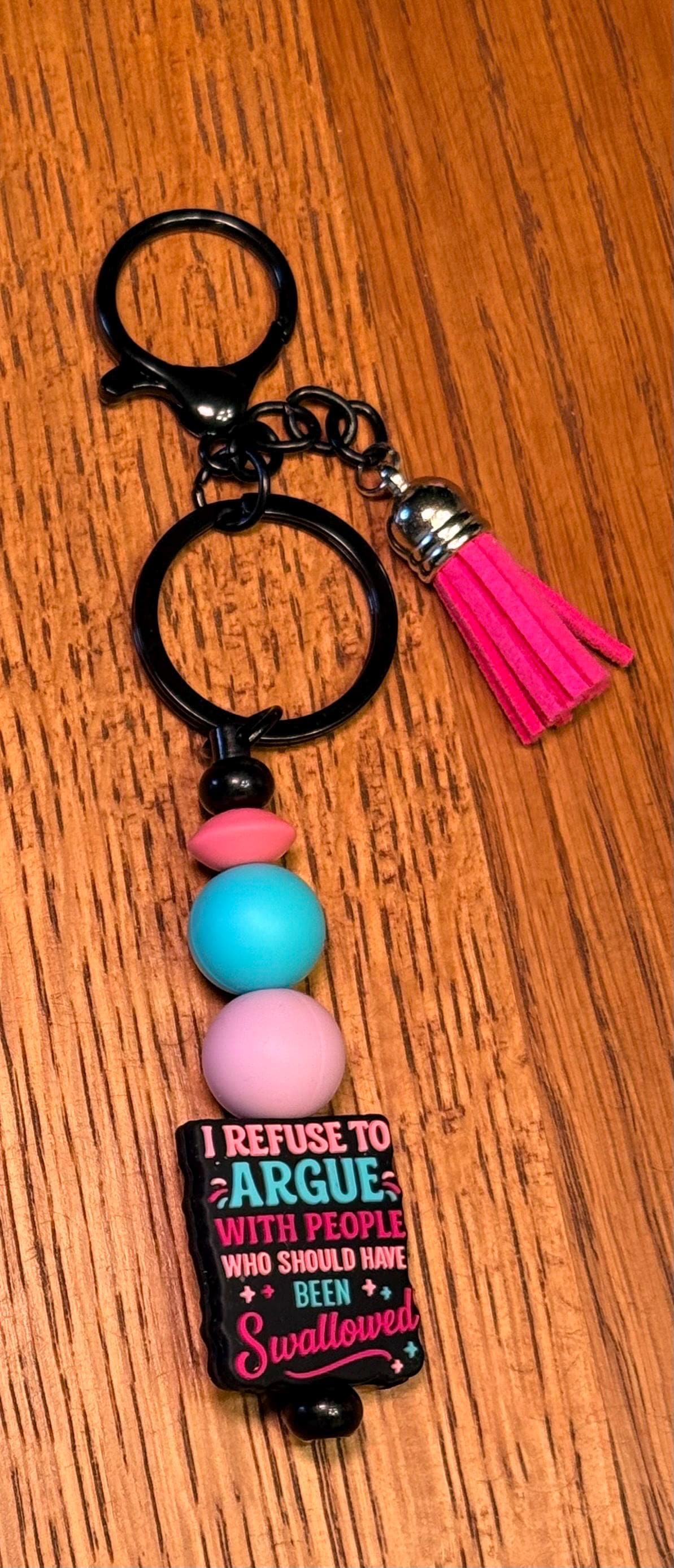 Funny Snarky Silicone Beaded Keychain Wristlet with Leather Tassel - "Refuse To Argue With Someone Who Should Have Been Swallowed"