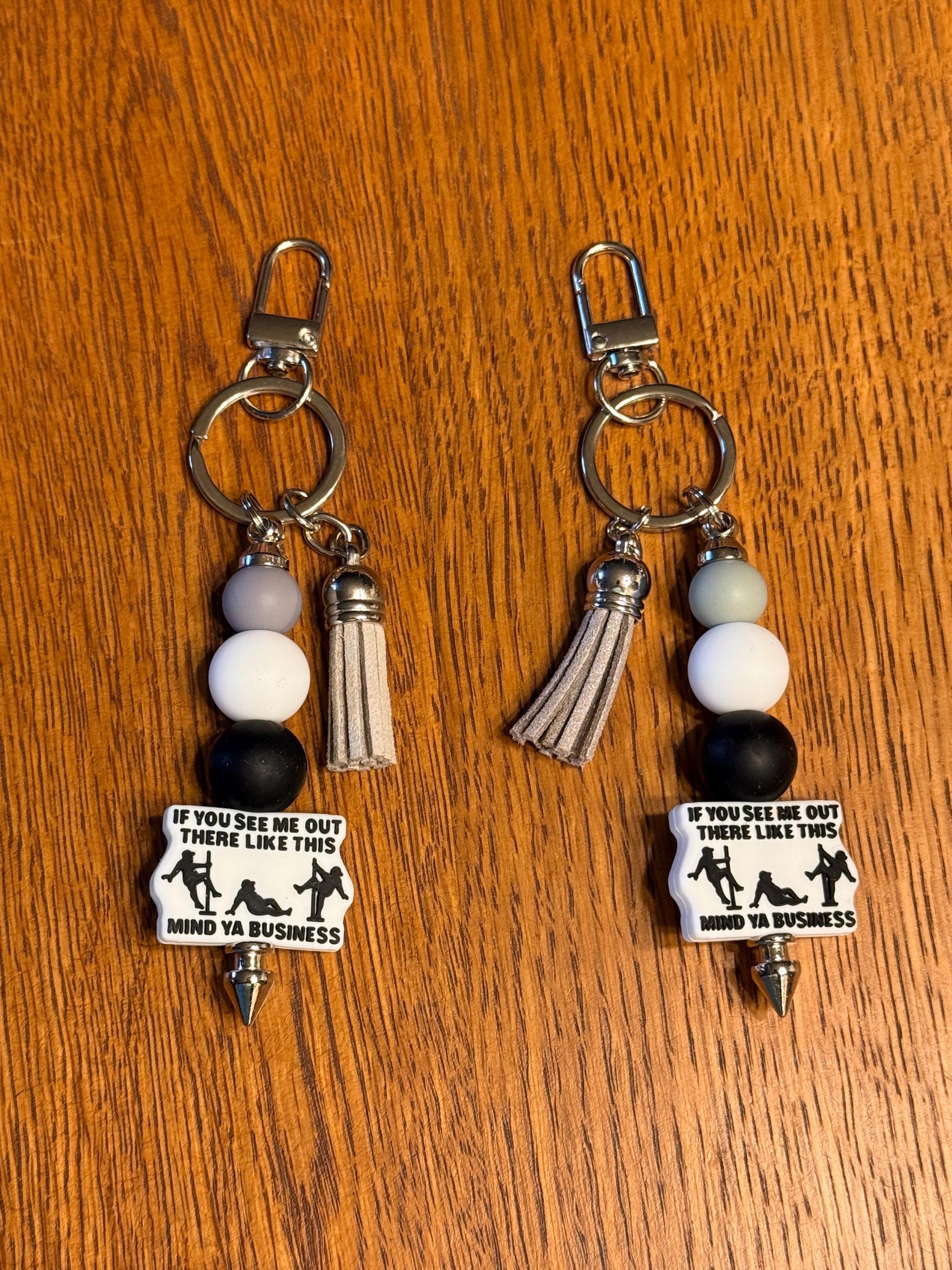 Funny Snarky Silicone Beaded Keychain with Leather Tassel - "If You See Me Out There Like This, Mind Ya Business"