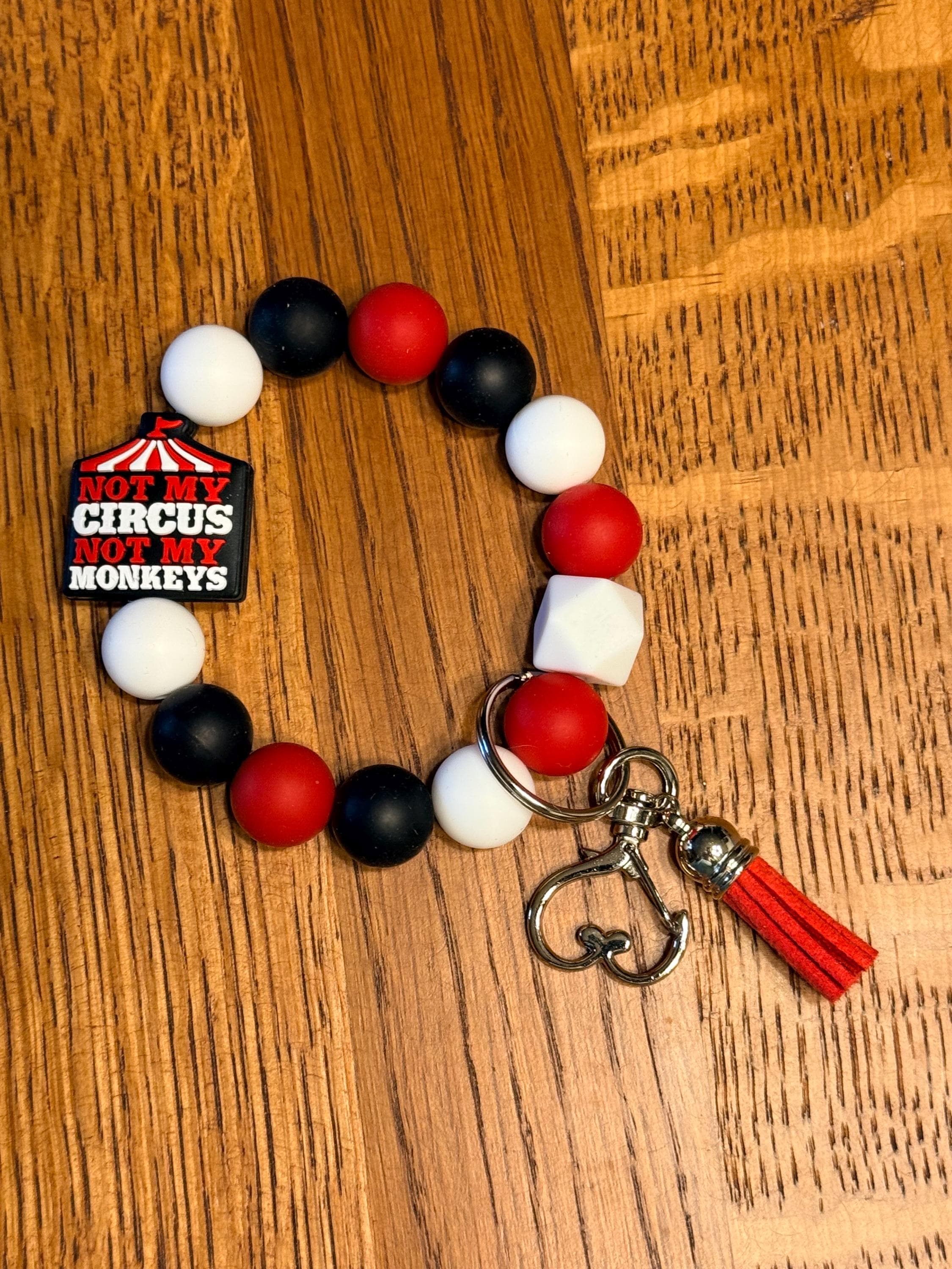 Funny Snarky Silicone Beaded Keychain & Wristlet with Leather Tassel - "Not My Circus, Not My Monkeys"