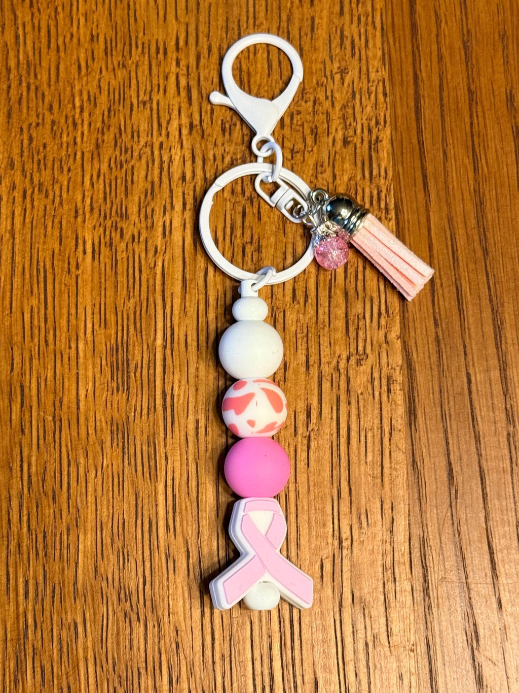 Pink Breast Cancer Awareness Ribbon Silicone Beaded Keychain & Wristlet | Bag Purse Backpack Charm