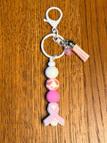 Pink Breast Cancer Awareness Ribbon Silicone Beaded Keychain & Wristlet | Bag Purse Backpack Charm