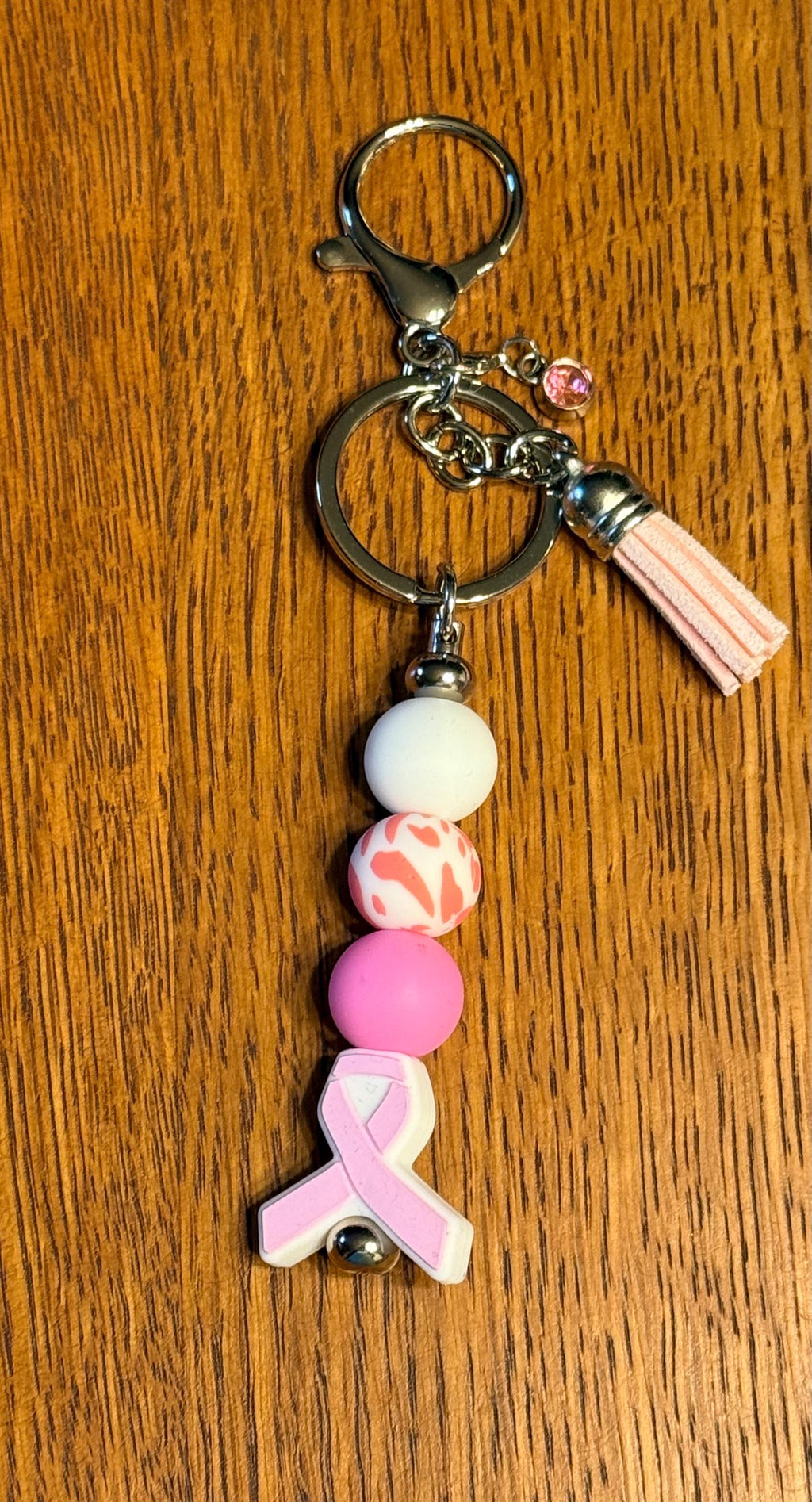 Pink Breast Cancer Awareness Ribbon Silicone Beaded Keychain & Wristlet | Bag Purse Backpack Charm