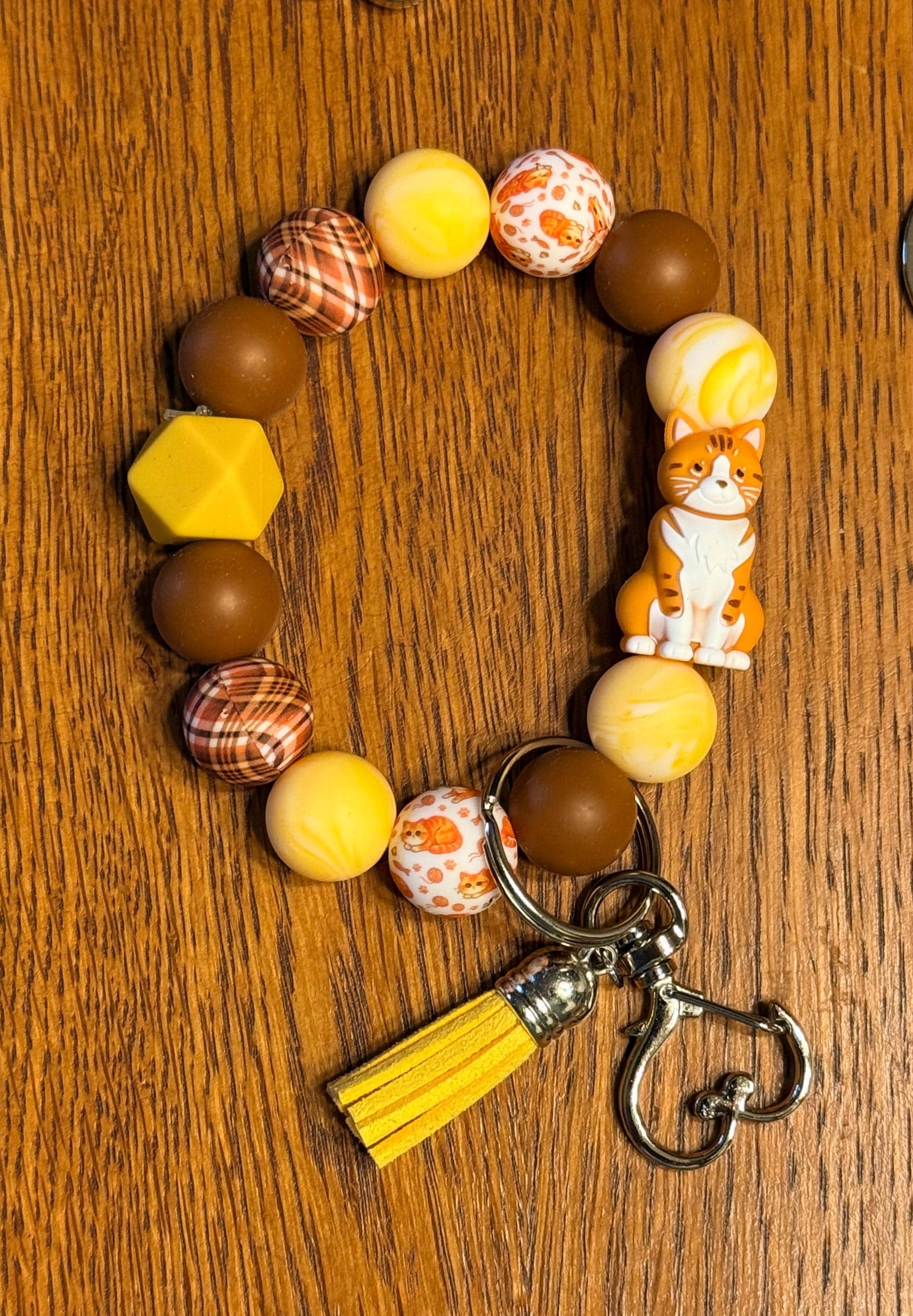 Cat Lover Silicone Beaded Keychain & Wristlet with Leather Tassel