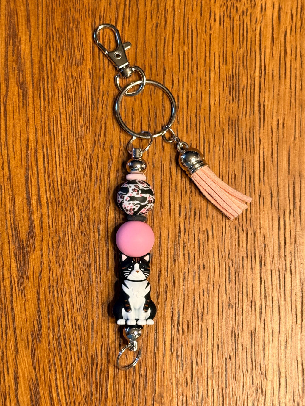 Cat Lover Silicone Beaded Keychain & Wristlet with Leather Tassel