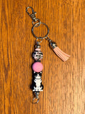 Cat Lover Silicone Beaded Keychain & Wristlet with Leather Tassel