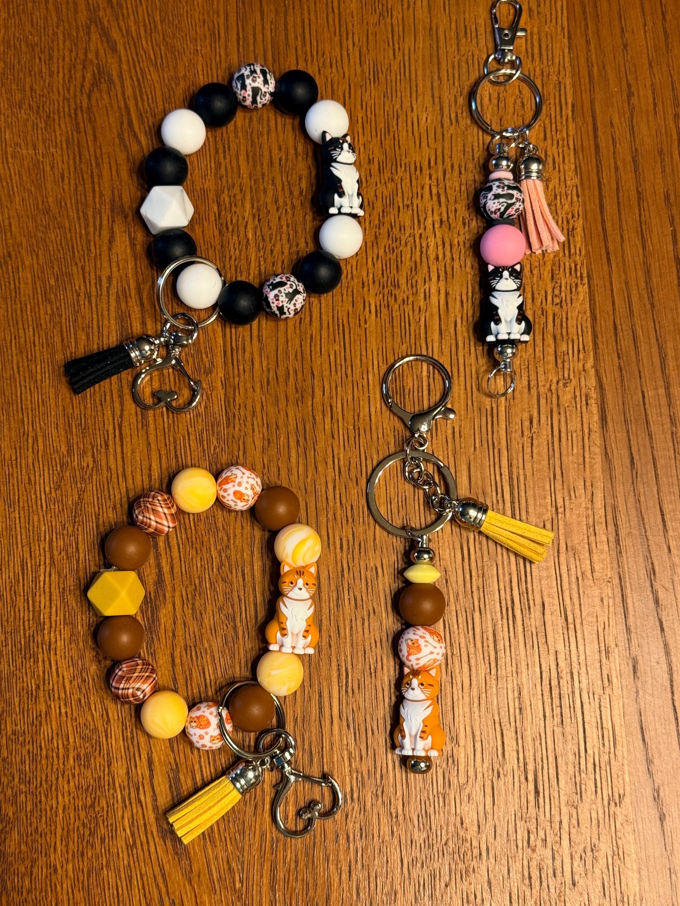 Cat Lover Silicone Beaded Keychain & Wristlet with Leather Tassel