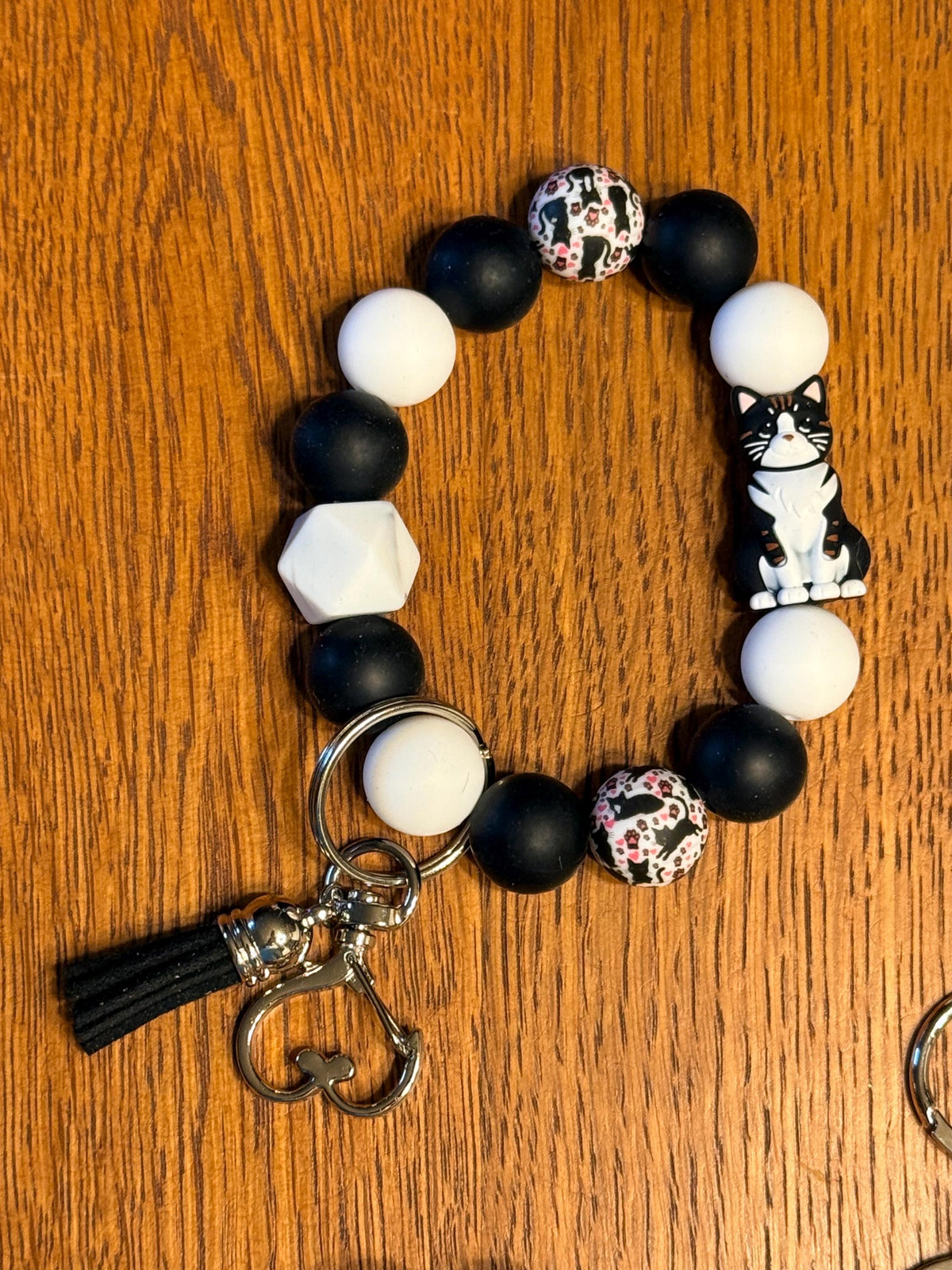 Cat Lover Silicone Beaded Keychain & Wristlet with Leather Tassel