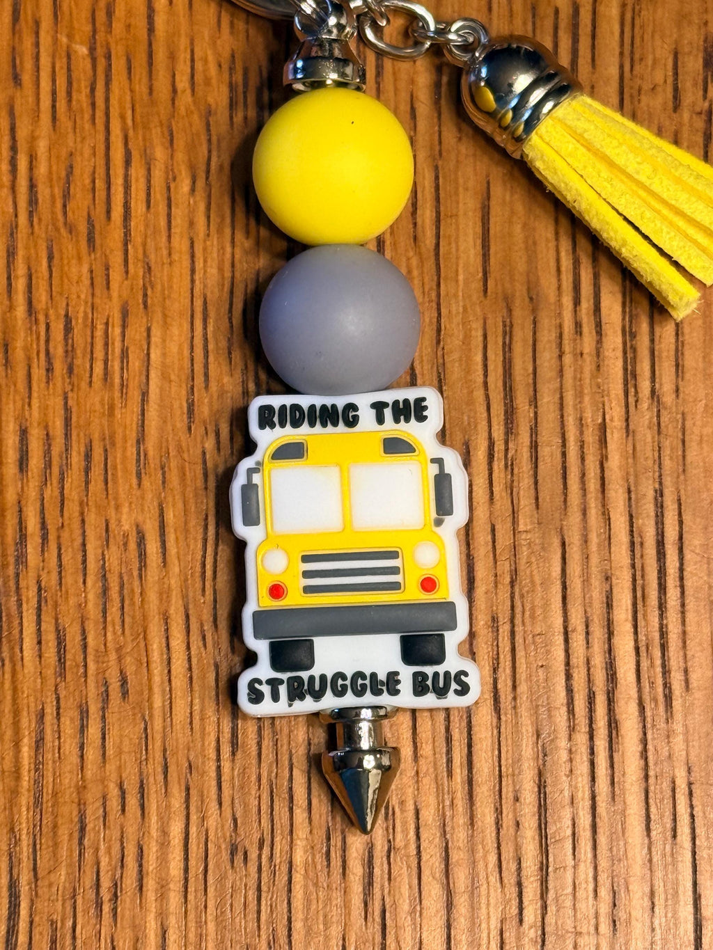 Funny Snarky Silicone Beaded Keychain with Leather Tassel - "Riding the Struggle Bus"