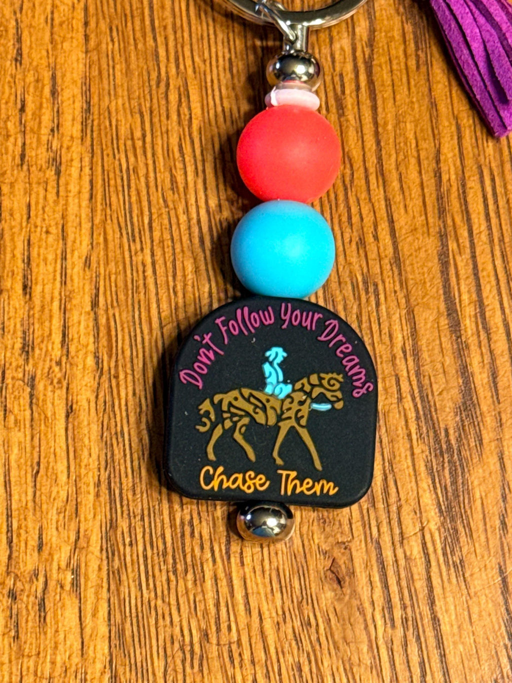 Western Cowgirl Rodeo Horse Silicone Beaded Keychain with Leather Tassel - "Don't Follow Your Dreams, Chase Them"