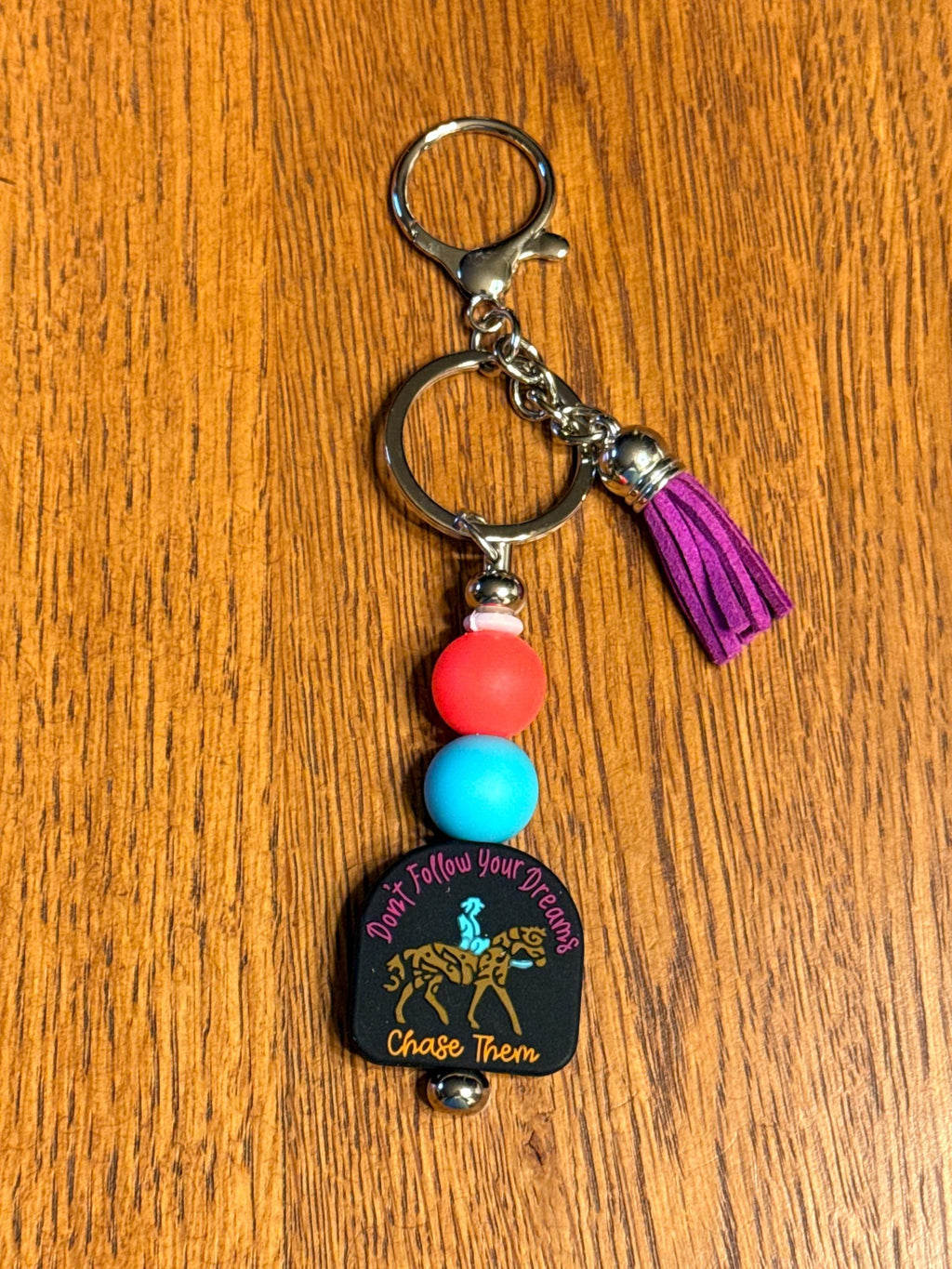 Western Cowgirl Rodeo Horse Silicone Beaded Keychain with Leather Tassel - "Don't Follow Your Dreams, Chase Them"