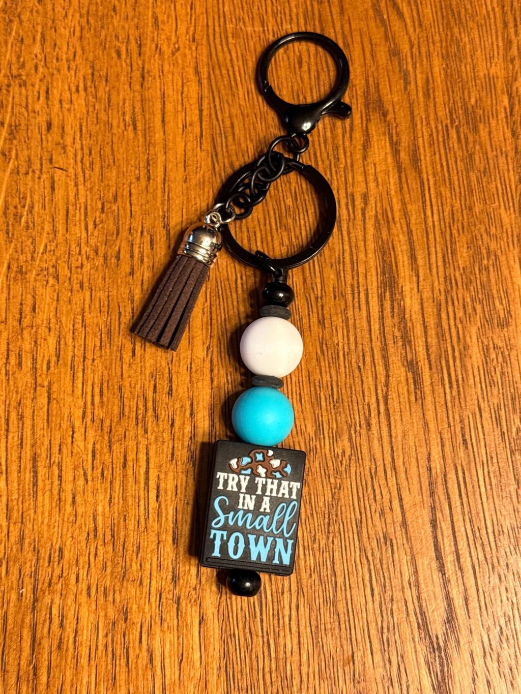 Small Town Pride Silicone Beaded Keychain with Leather Tassel