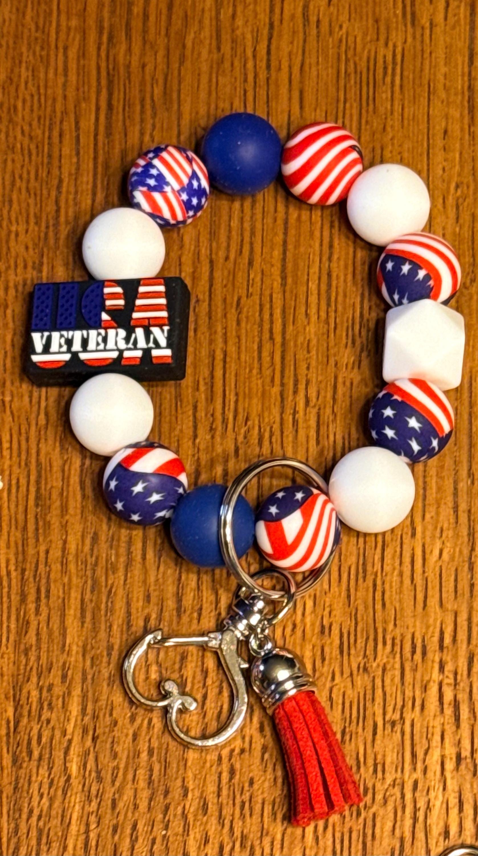 Patriotic American Flag & Veteran Silicone Beaded Keychain & Wristlet with Leather Tassel