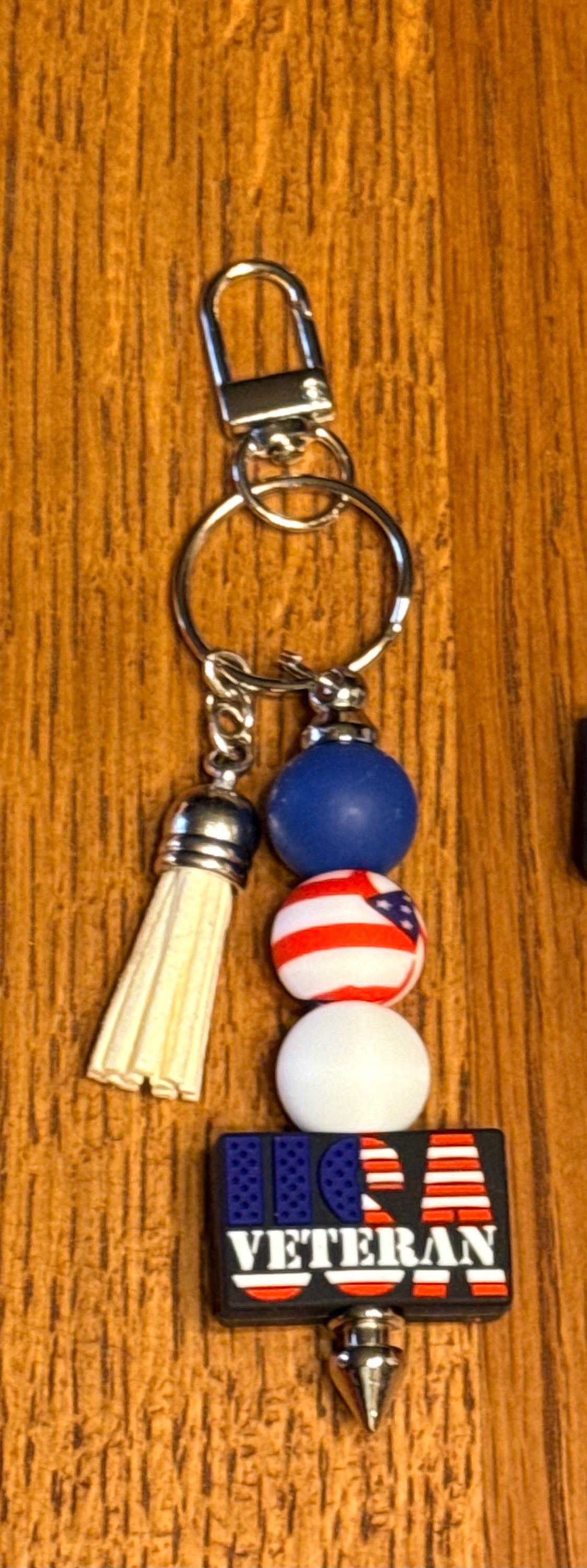 Patriotic American Flag & Veteran Silicone Beaded Keychain & Wristlet with Leather Tassel