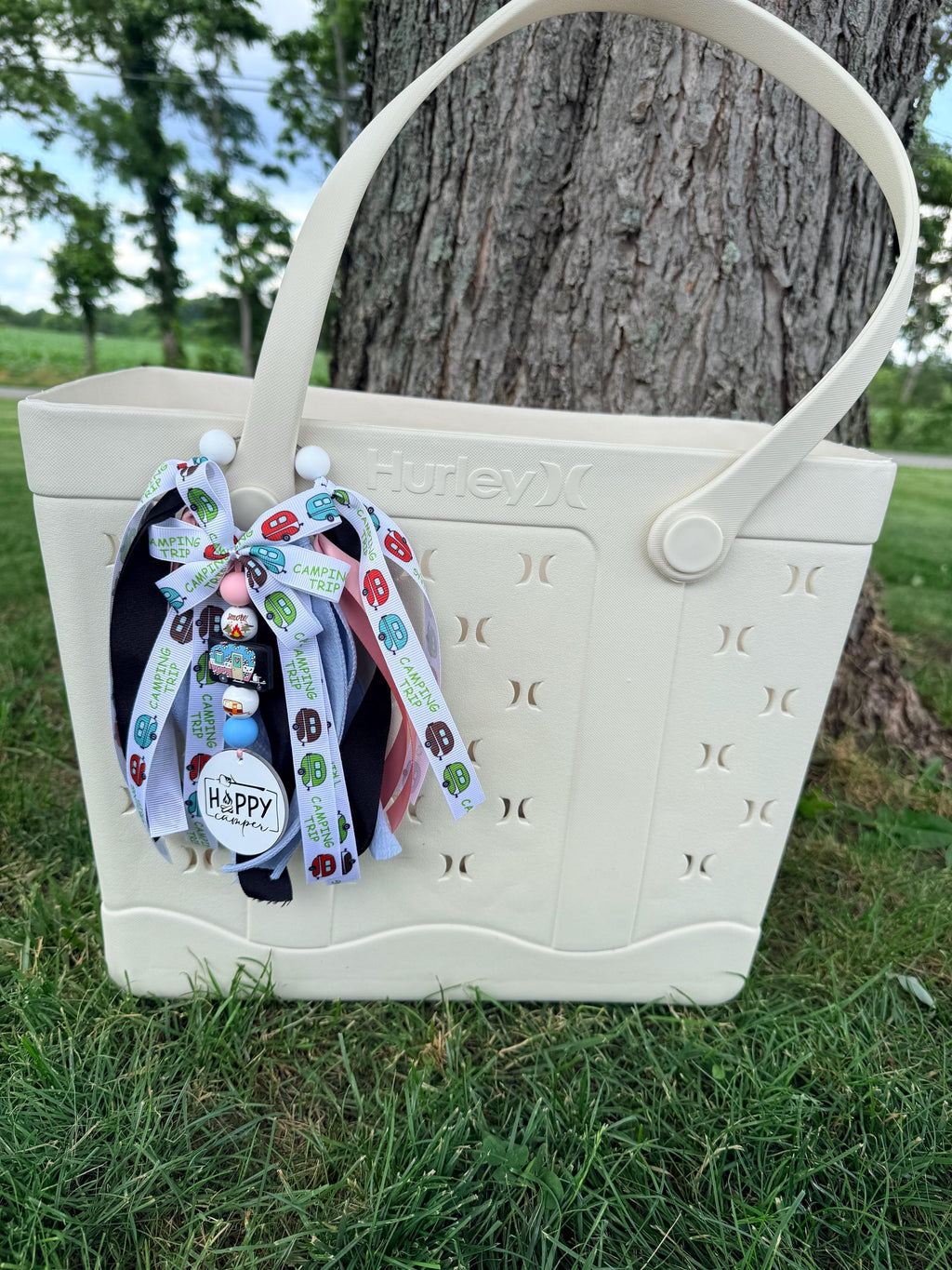 Happy Camper Silicone Beaded Bag Tassel – Camping & RV Bag Charm with Ribbon