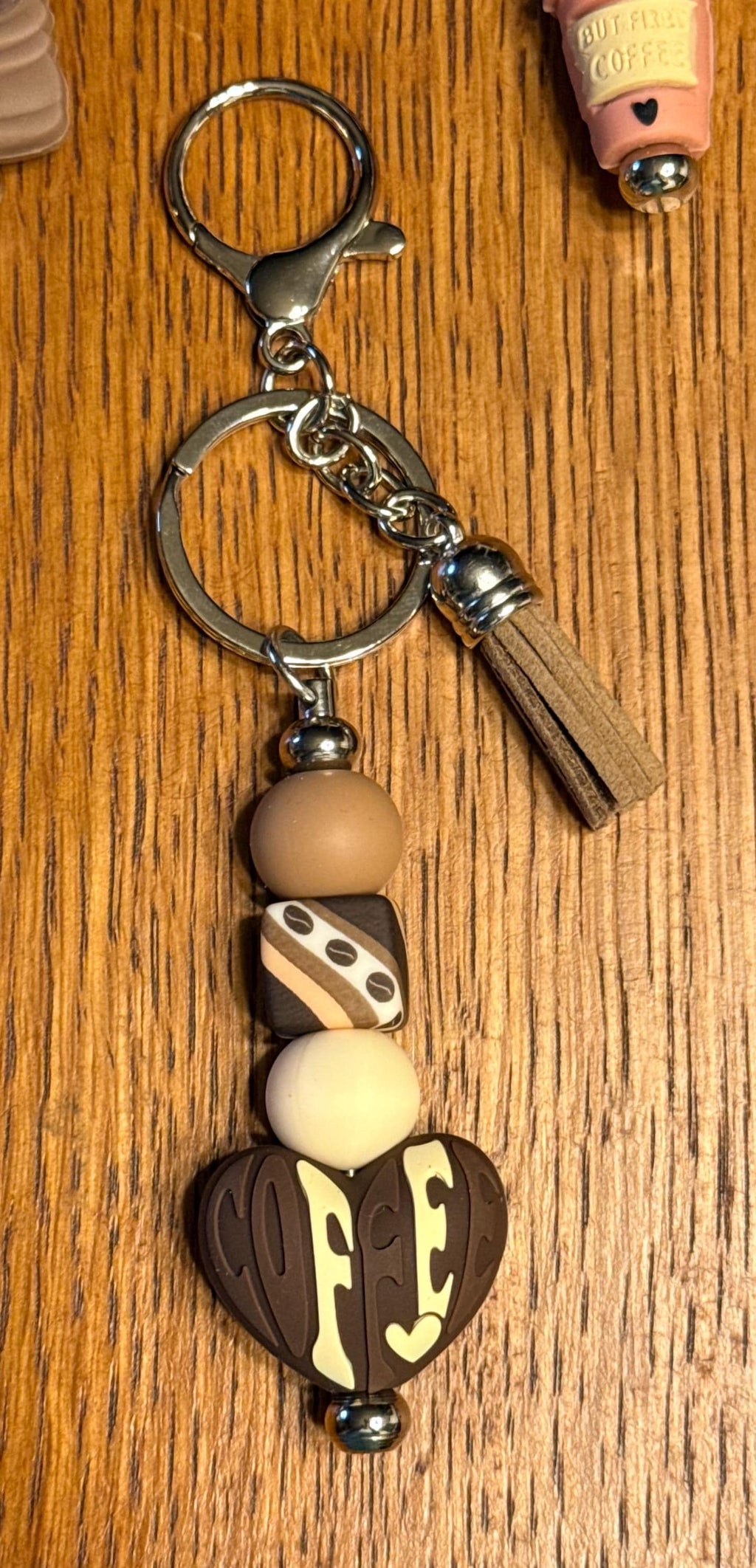 Coffee Lover Silicone Beaded Keychain with Leather Tassel