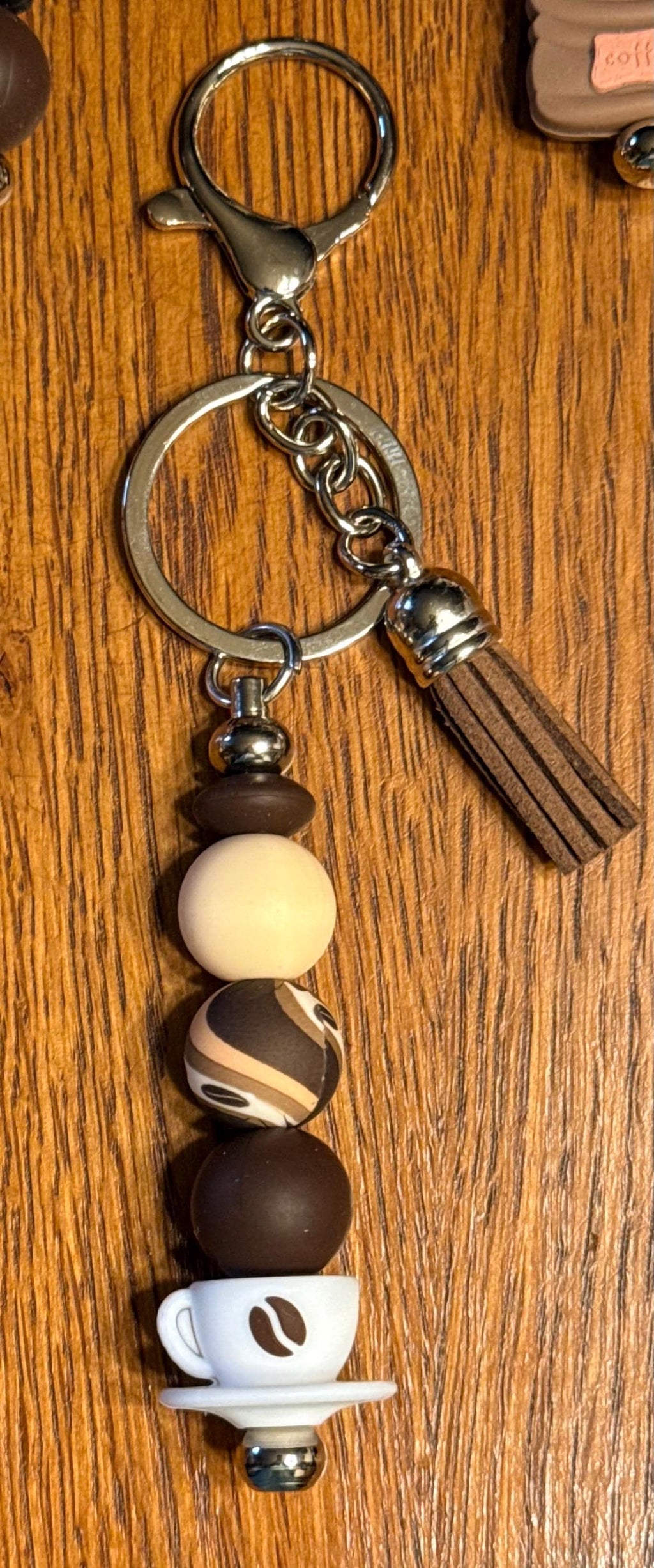 Coffee Lover Silicone Beaded Keychain with Leather Tassel