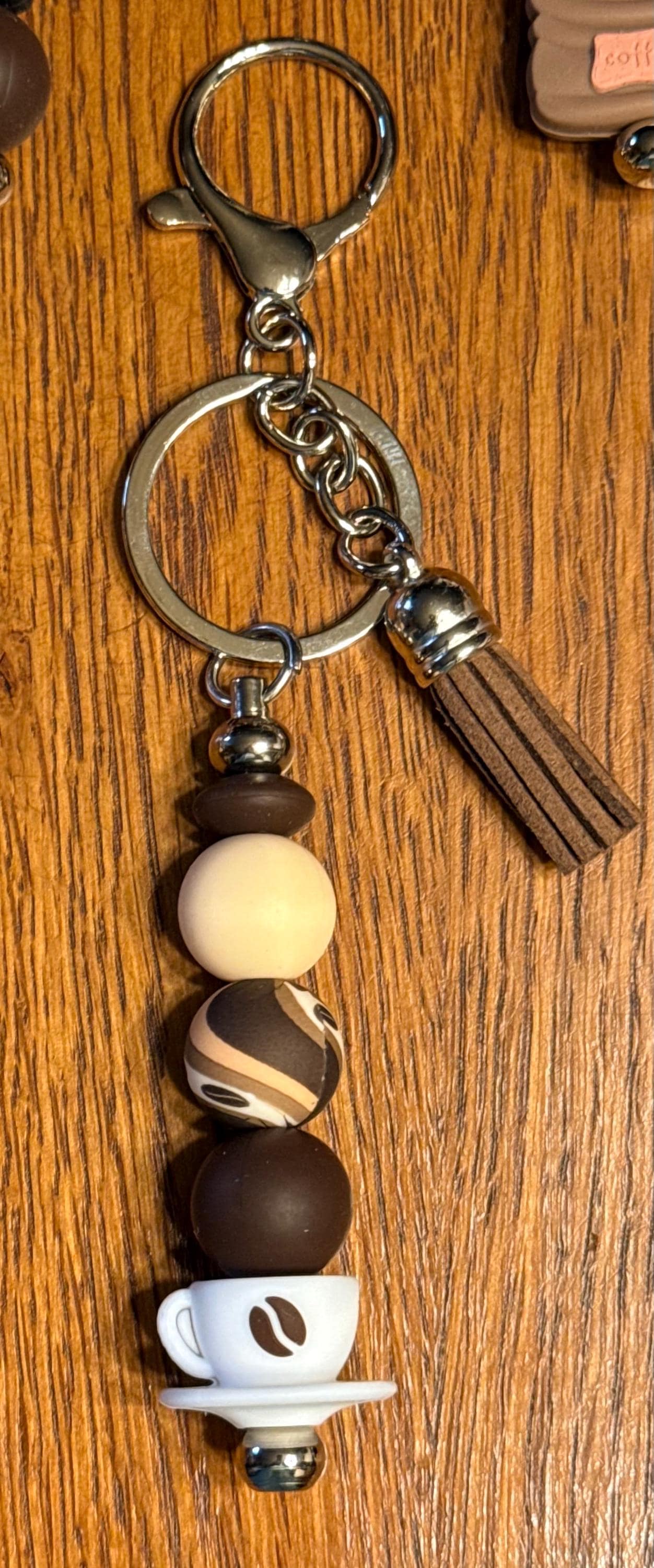 Coffee Lover Silicone Beaded Keychain with Leather Tassel