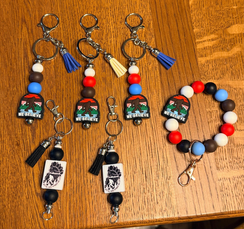 Bigfoot Sasquatch Silicone Beaded Faux Leather Tassel Keychain | We Believe | Cryptid Adventure Bag Charm