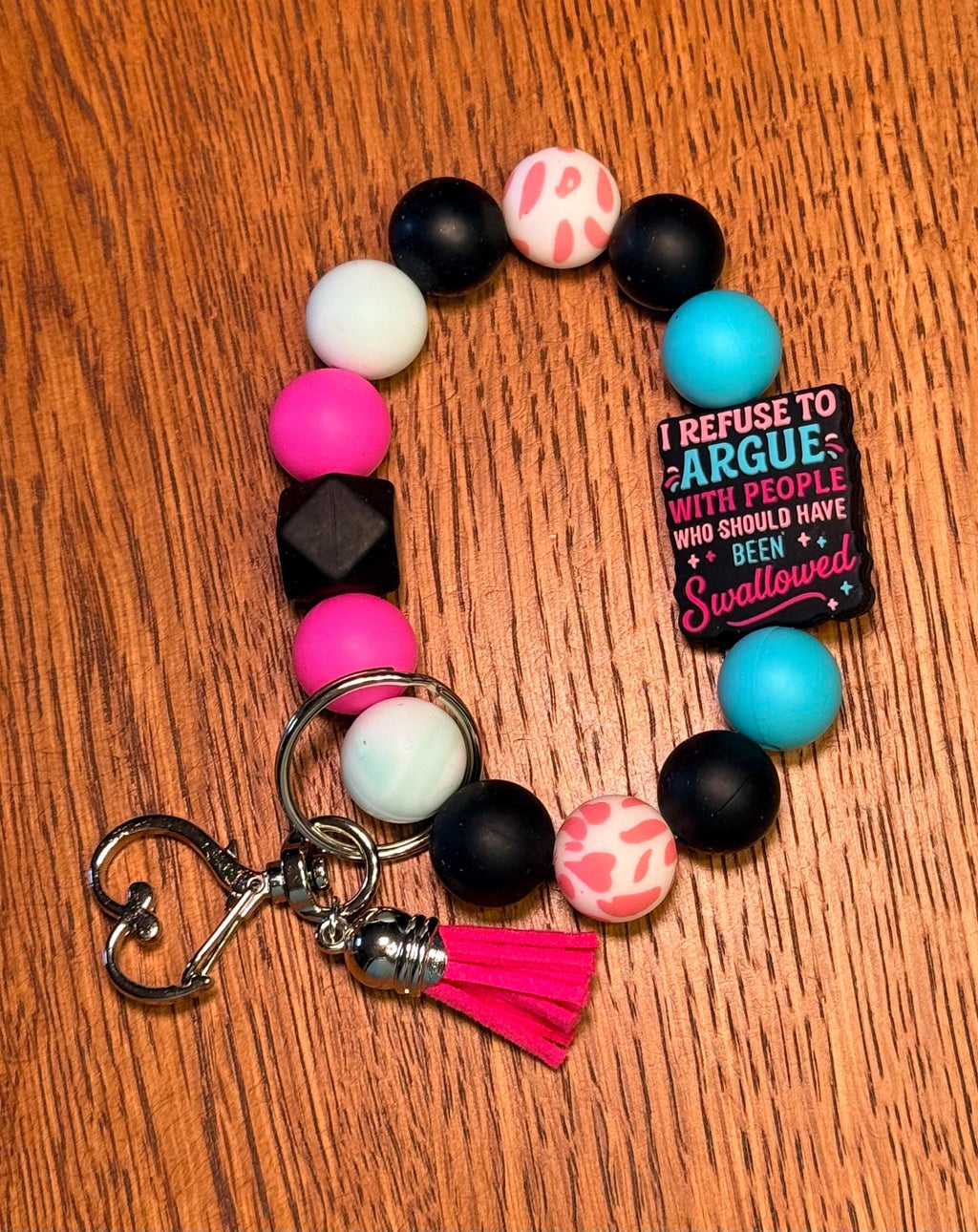 Funny Snarky Silicone Beaded Keychain Wristlet with Leather Tassel - "Refuse To Argue With Someone Who Should Have Been Swallowed"