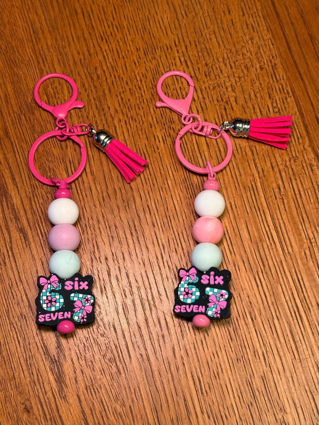 67 "Six Seven" Viral Slang Silicone Beaded Keychain with Leather Tassel