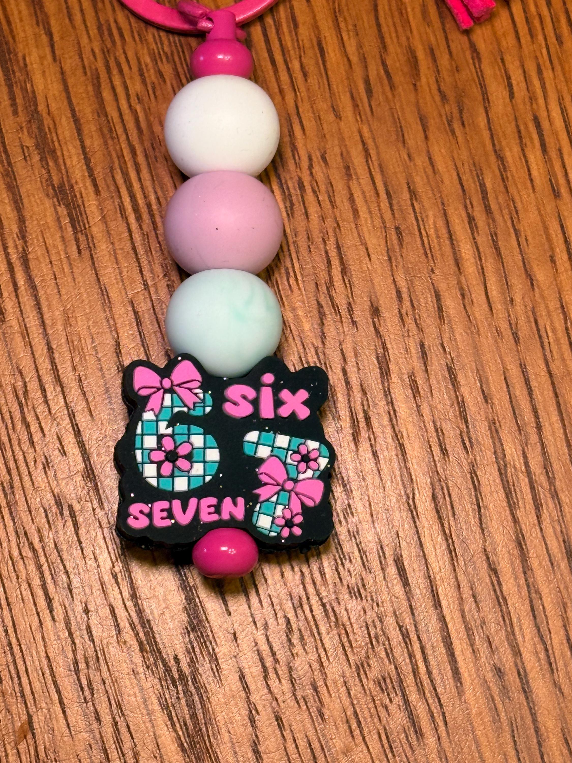 67 "Six Seven" Viral Slang Silicone Beaded Keychain with Leather Tassel