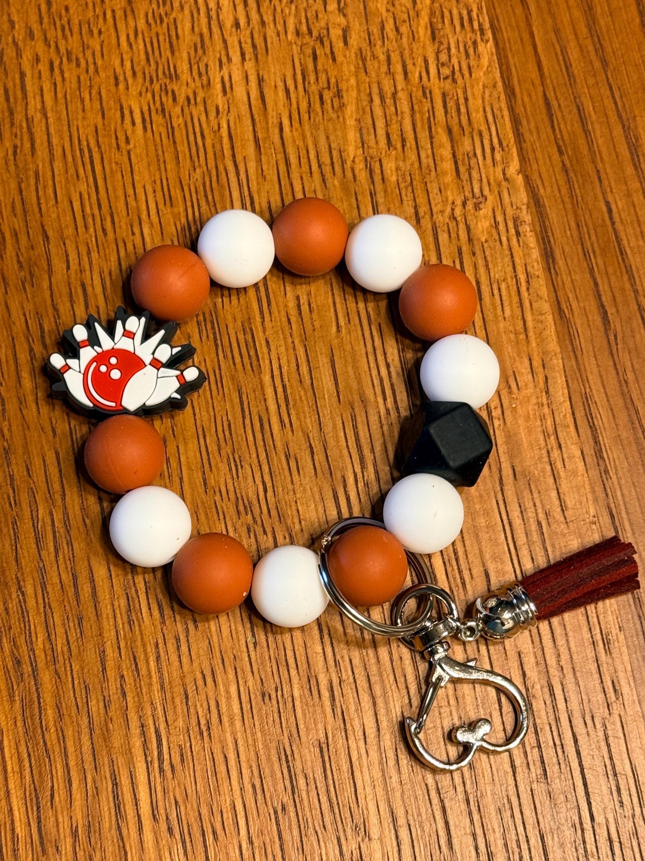Bowling Silicone Beaded Keychain & Wristlet with Leather Tassel