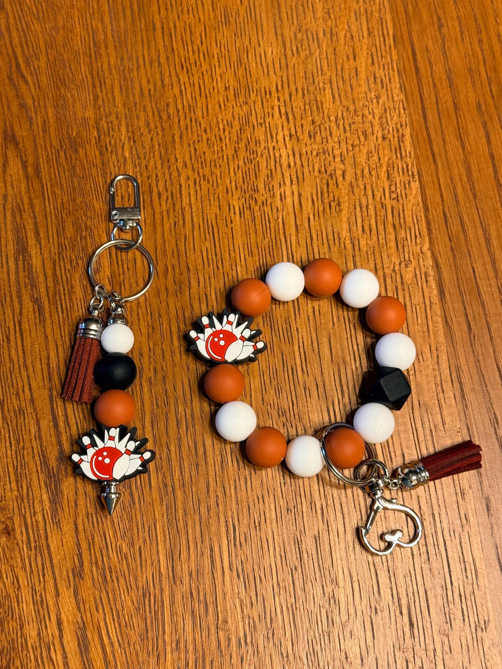Bowling Silicone Beaded Keychain & Wristlet with Leather Tassel