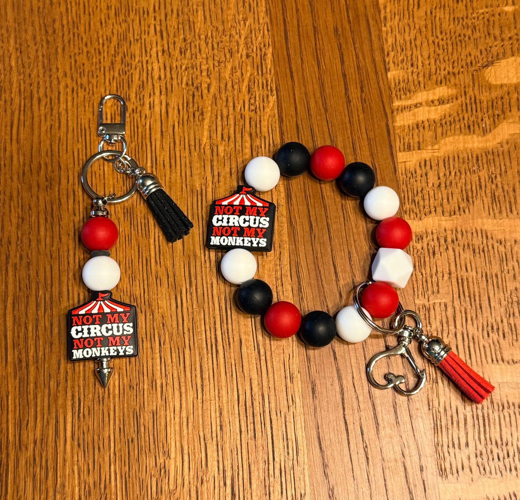 Funny Snarky Silicone Beaded Keychain & Wristlet with Leather Tassel - "Not My Circus, Not My Monkeys"