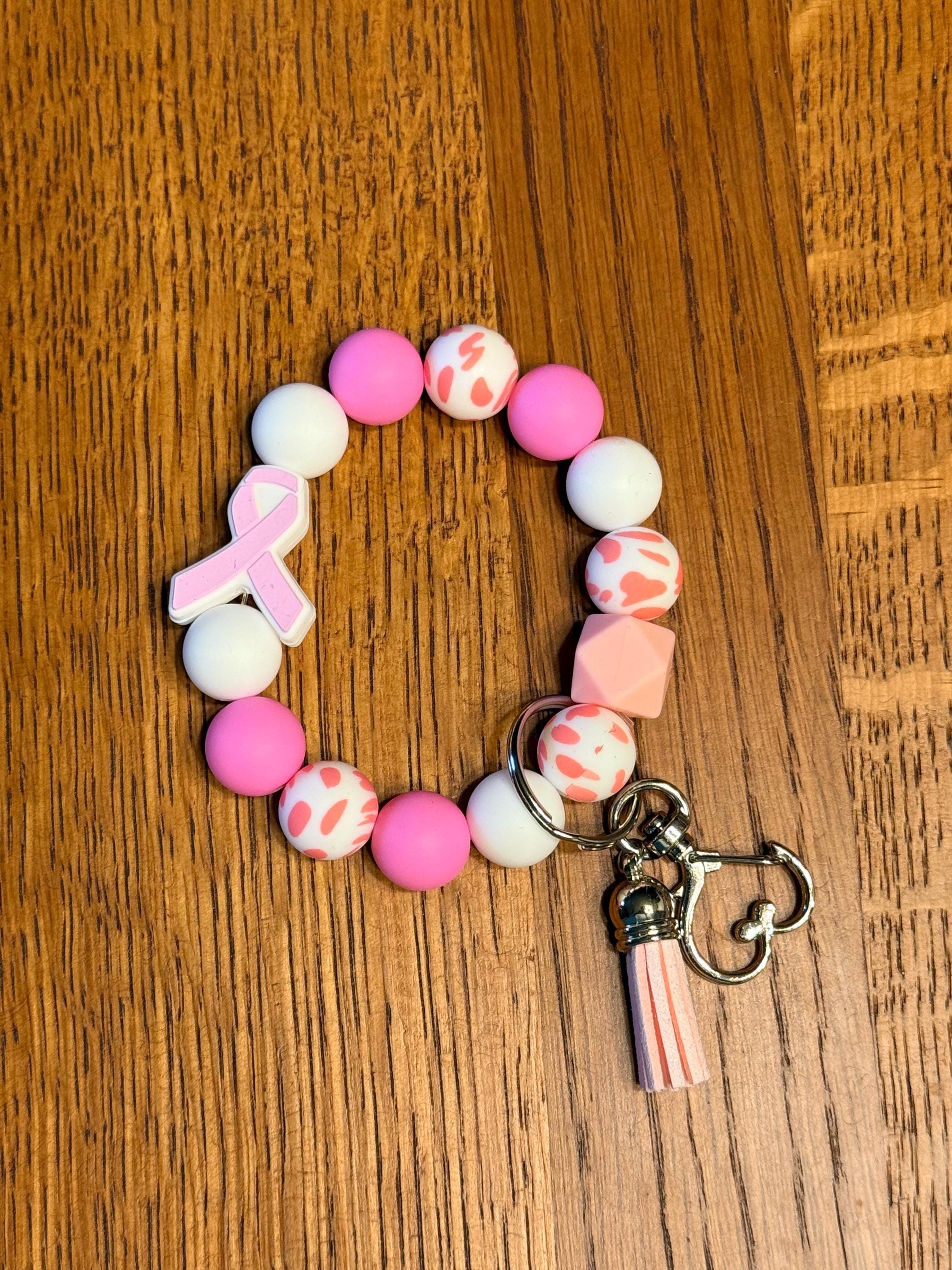 Pink Breast Cancer Awareness Ribbon Silicone Beaded Keychain & Wristlet | Bag Purse Backpack Charm