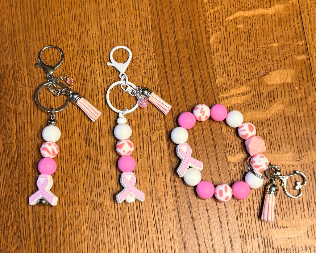Pink Breast Cancer Awareness Ribbon Silicone Beaded Keychain & Wristlet | Bag Purse Backpack Charm
