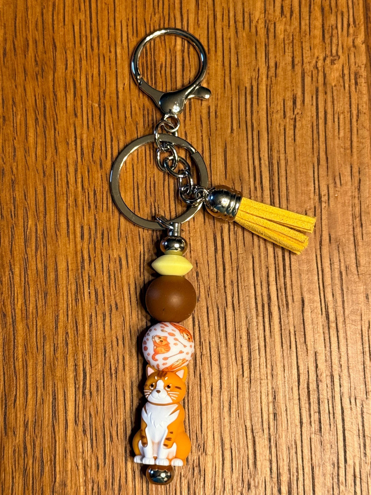 Cat Lover Silicone Beaded Keychain & Wristlet with Leather Tassel