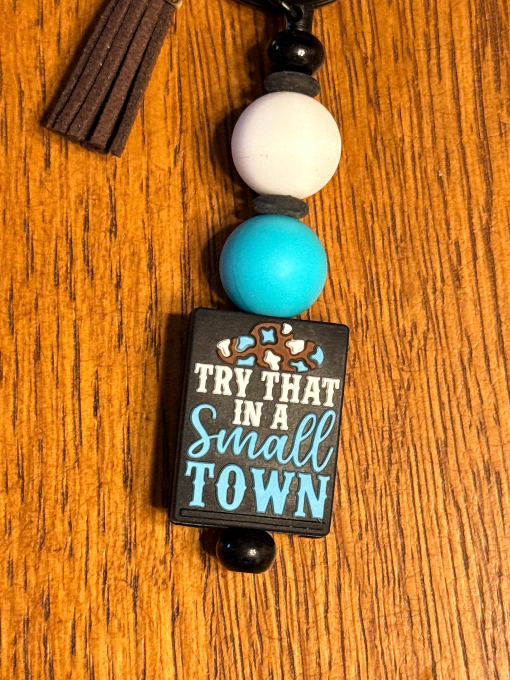 Small Town Pride Silicone Beaded Keychain with Leather Tassel