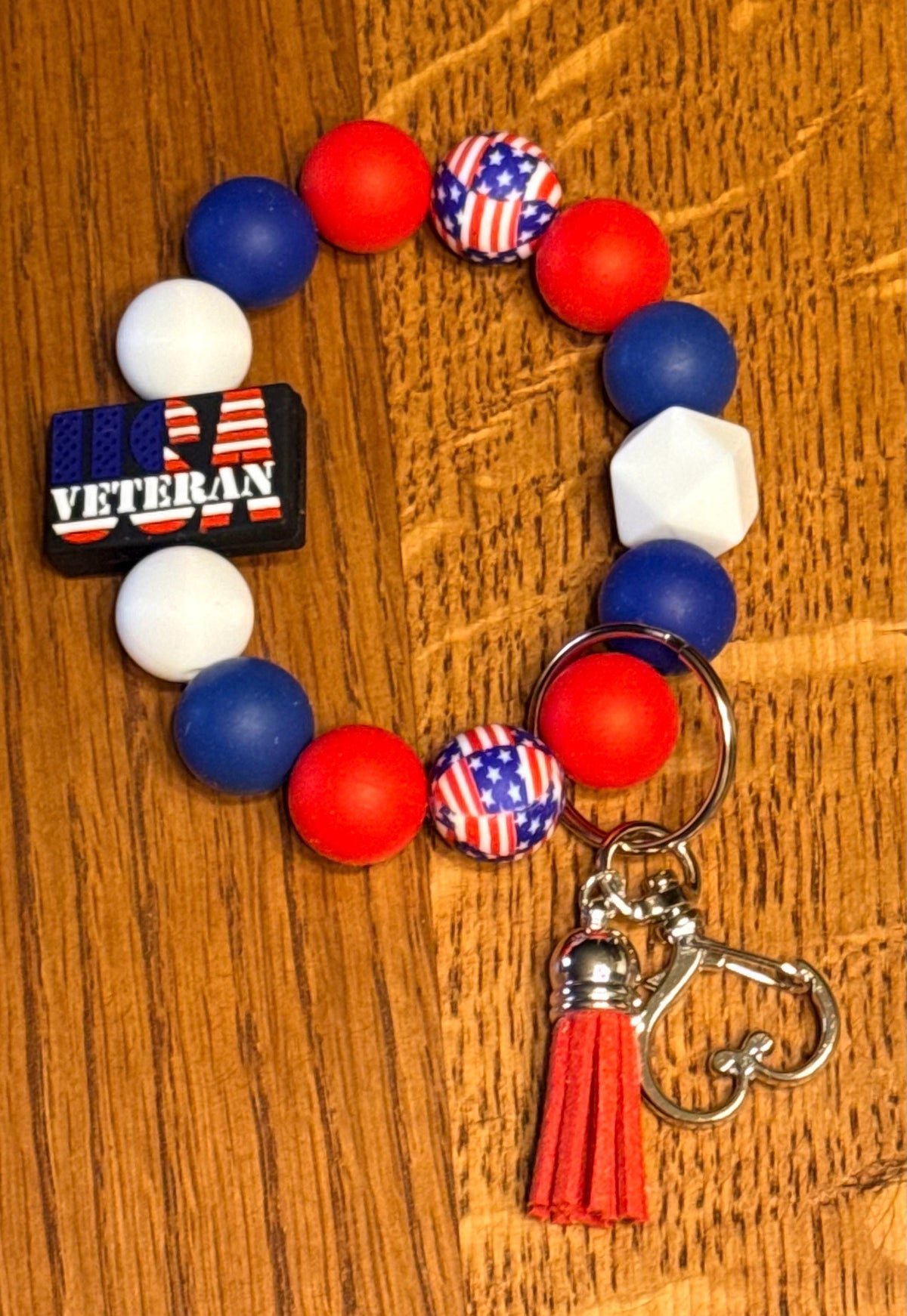 Patriotic American Flag & Veteran Silicone Beaded Keychain & Wristlet with Leather Tassel