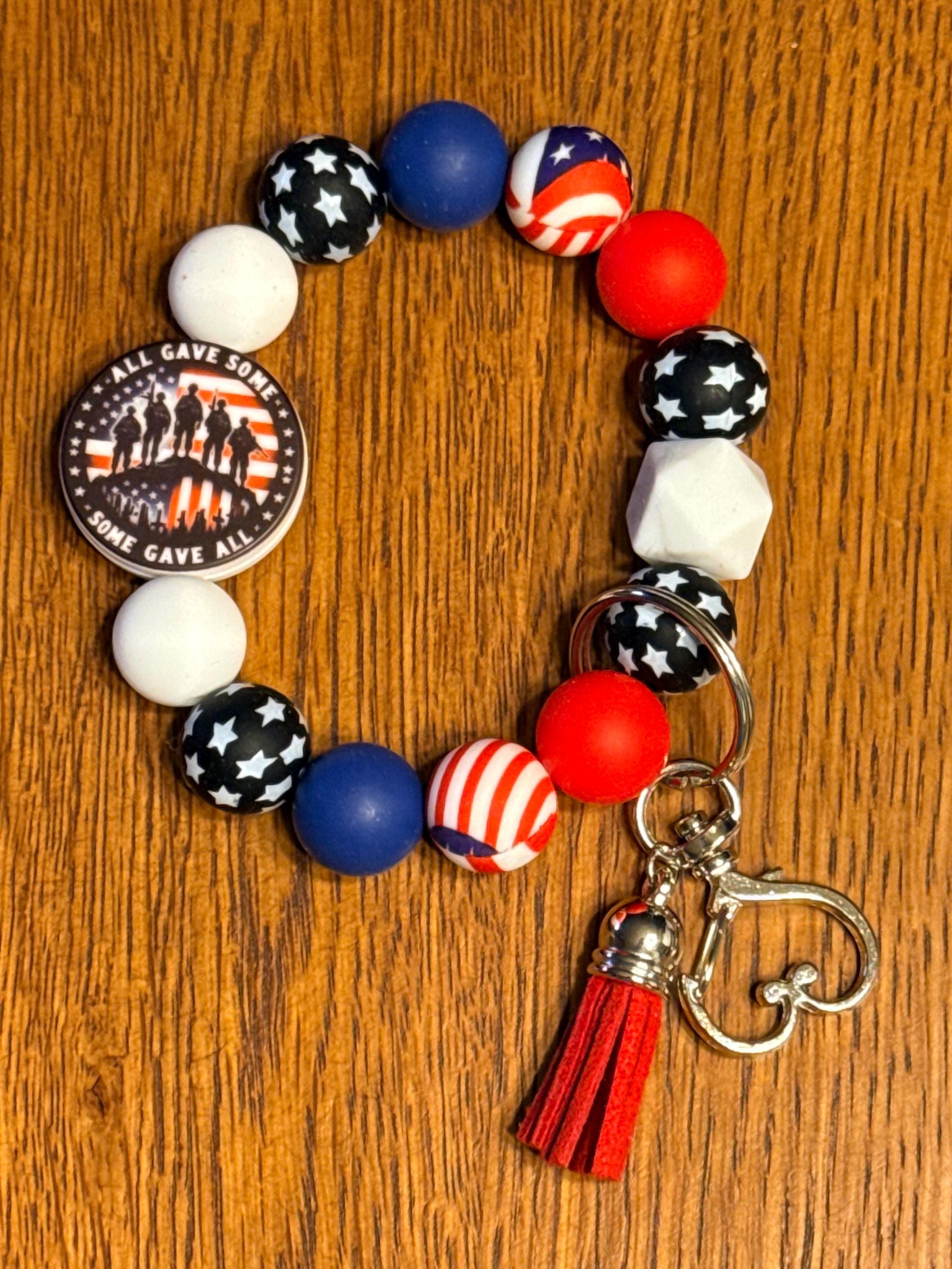 Patriotic American Flag & Veteran Silicone Beaded Keychain & Wristlet with Leather Tassel
