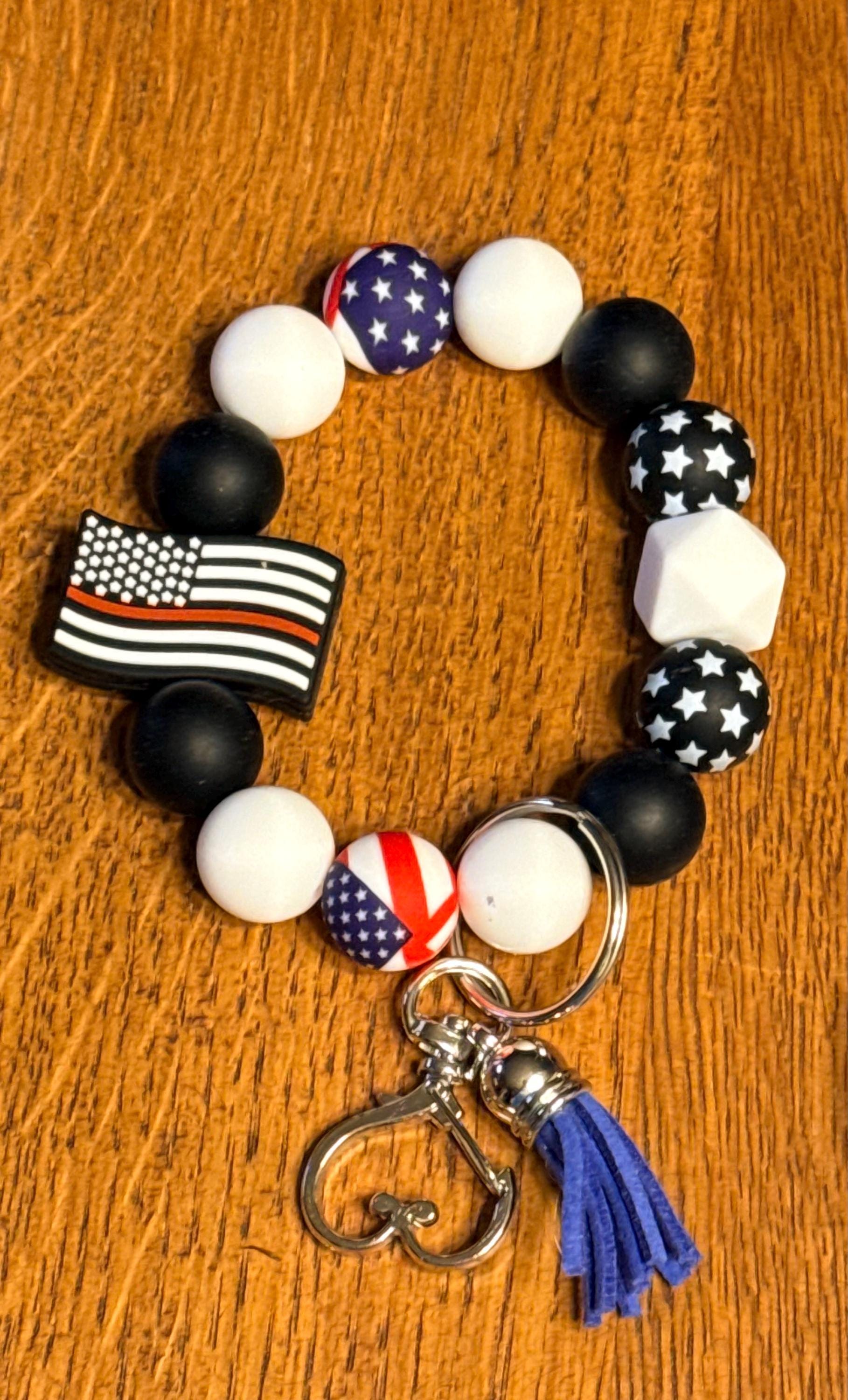 Patriotic American Flag & Veteran Silicone Beaded Keychain & Wristlet with Leather Tassel