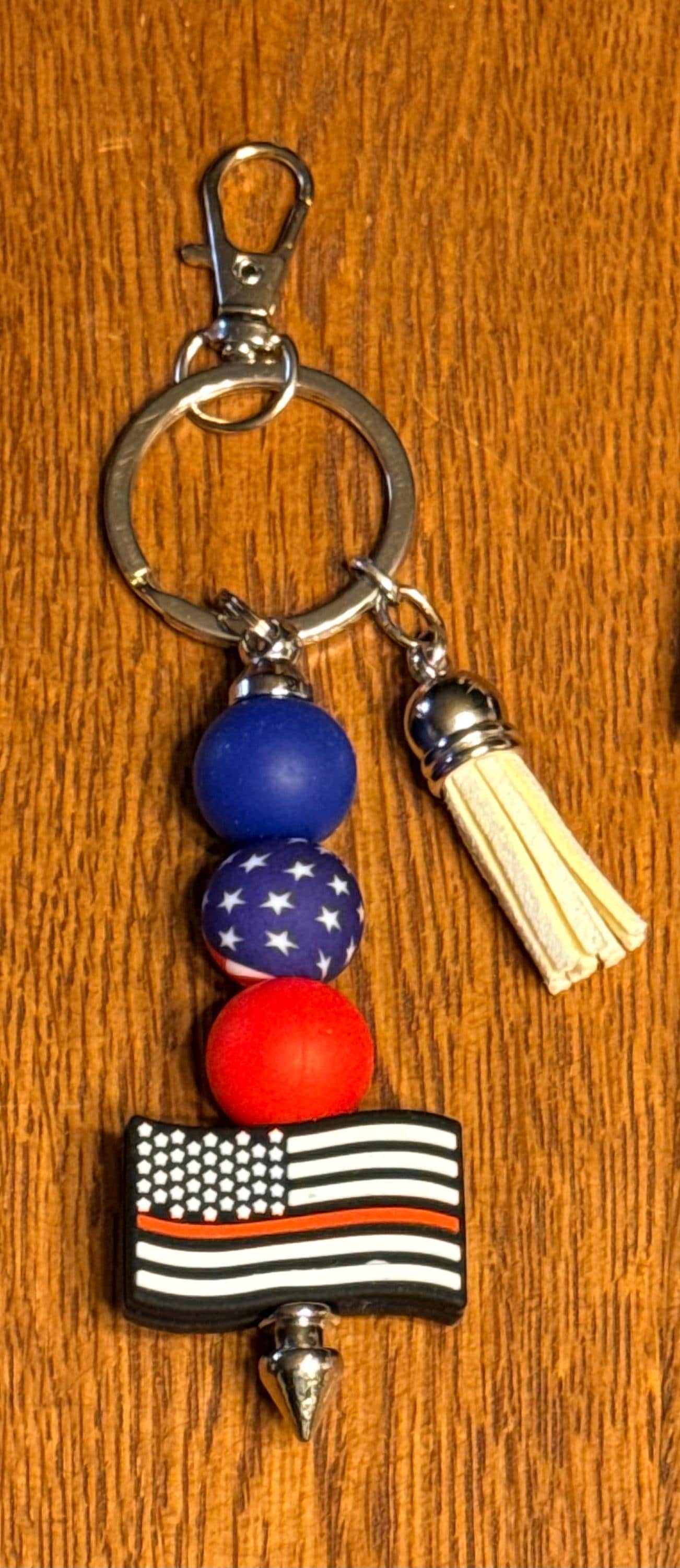 Patriotic American Flag & Veteran Silicone Beaded Keychain & Wristlet with Leather Tassel