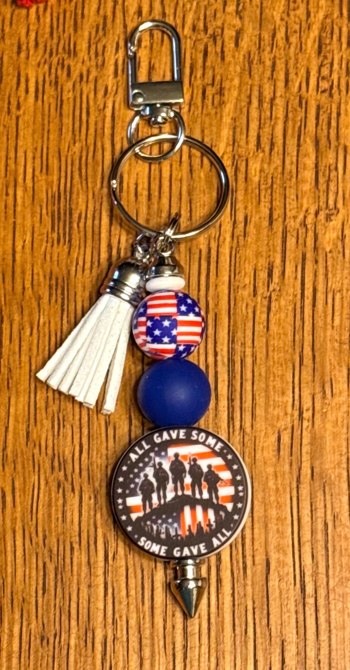 Patriotic American Flag & Veteran Silicone Beaded Keychain & Wristlet with Leather Tassel