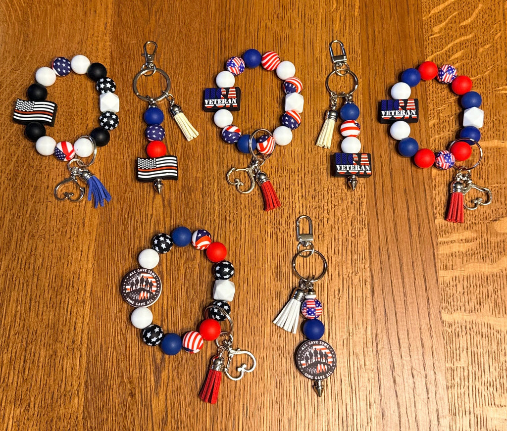 Patriotic American Flag & Veteran Silicone Beaded Keychain & Wristlet with Leather Tassel