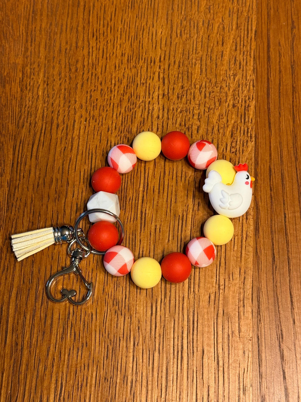 Chicken & Rooster Farm Silicone Beaded Keychain & Wristlet with Leather Tassel