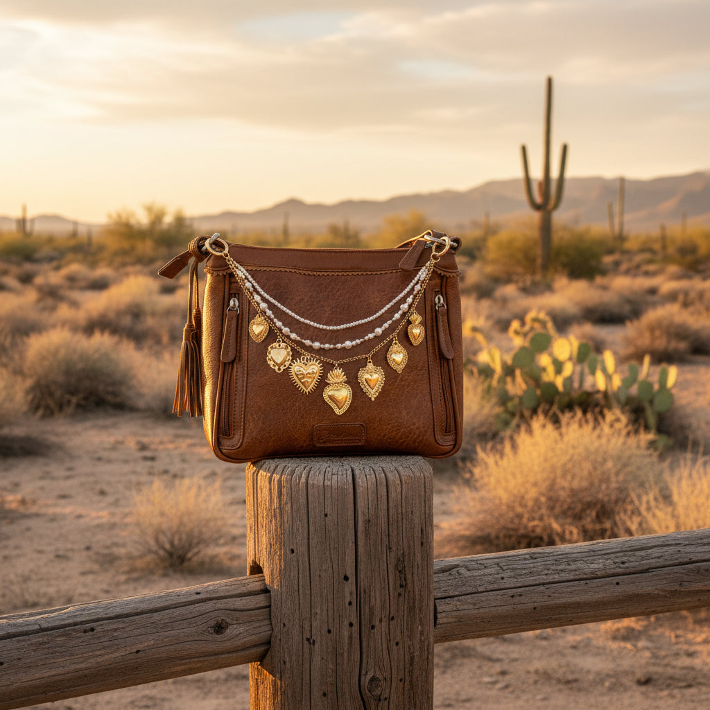 Brown leather crossbody bag on wooden fence post against desert Southwest sunset backdrop with saguaro cactus, featuring three-strand Western boho purse chain with faux seed pearl bead strand, delicate gold cable chain, and gold curb chain with seven large ornate gold sacred heart charms, Western boho handbag accessory