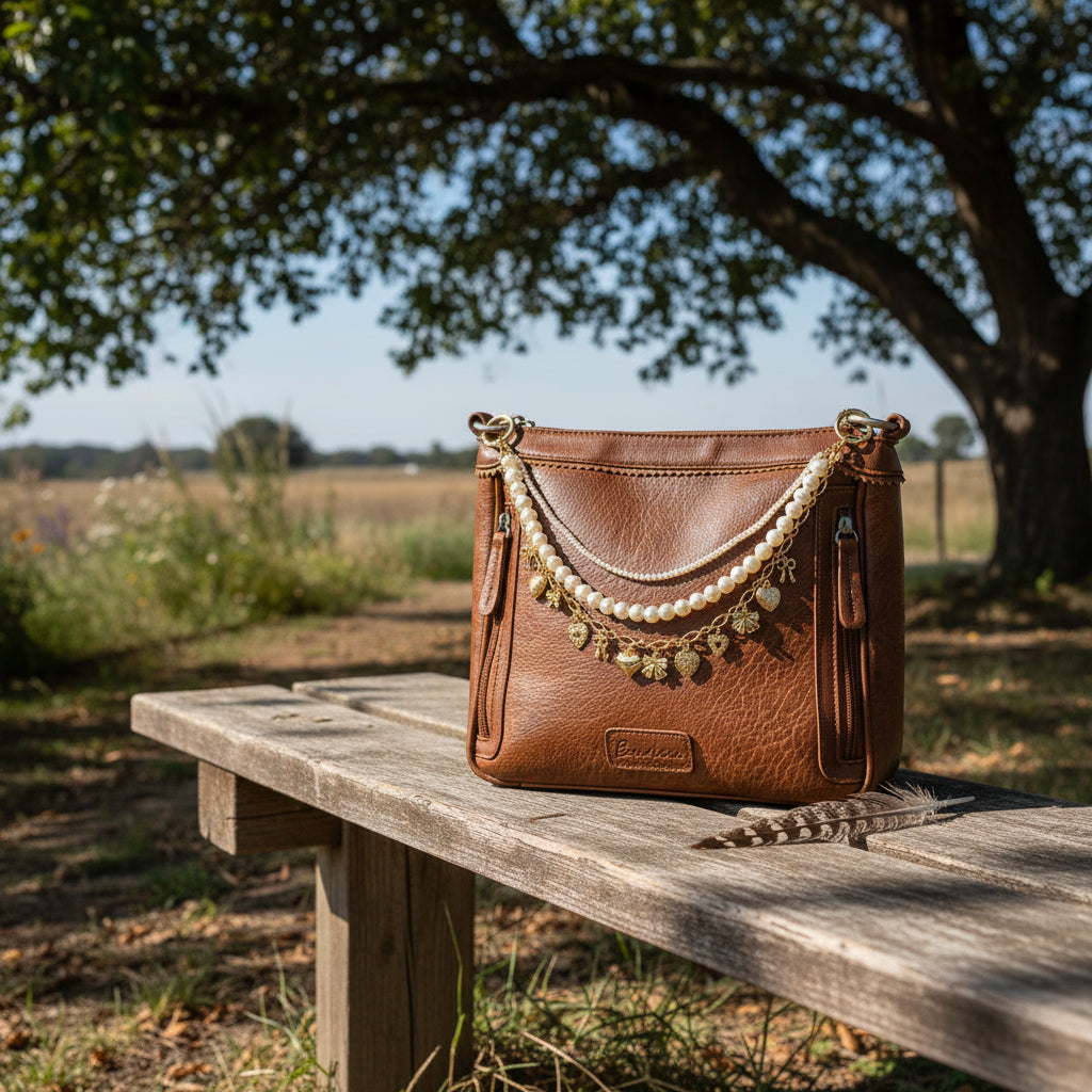Alternate front view of brown distressed Bandana leather shoulder bag on cowhide rug with three-strand Western boho purse chain featuring faux seed pearl bead strand, larger faux round pearl bead strand, and gold oval link charm chain with nine gold heart and bow charms, Western boho handbag accessory